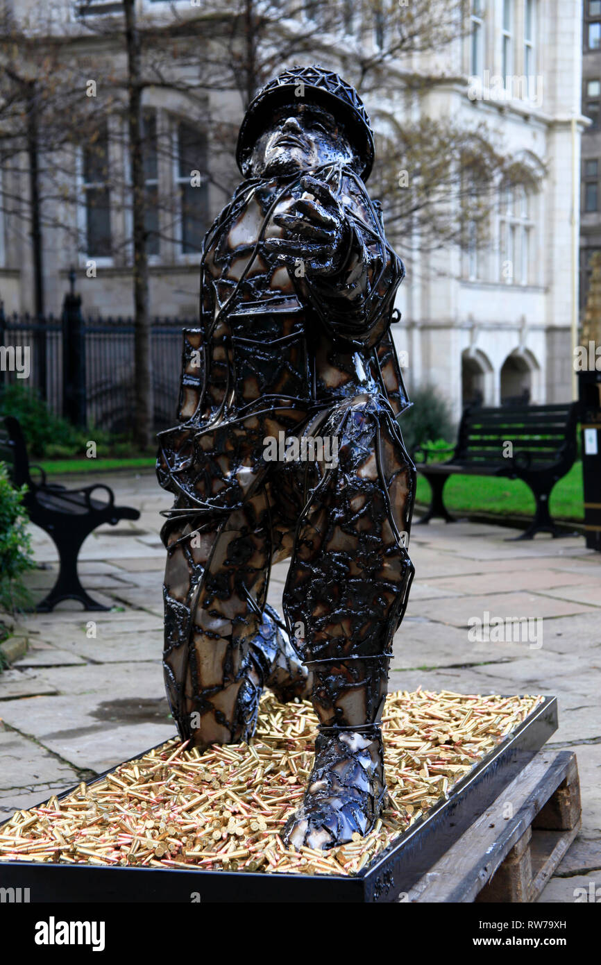 Liverpool, UK. 5 March 2019. A sculpture by artist Alfie Bradley incorporating more than 4,000 replica bullets has been unveiled in the grounds of Liverpool Parish Church ahead of the 75th anniversary of D-Day. 'Soldiers of Sacrifice' represents Denham Brotheridge, believed to be the first Allied soldier to be killed by enemy action on D-Day in June 1944. The sculpture is due to go on a tour of England and Normandy before reaching its permanent home in Portsmouth. The soldier is crouched down as if to throw a grenade, but instead he is releasing a dove of peace. Premos/Alamy Live News Stock Photo