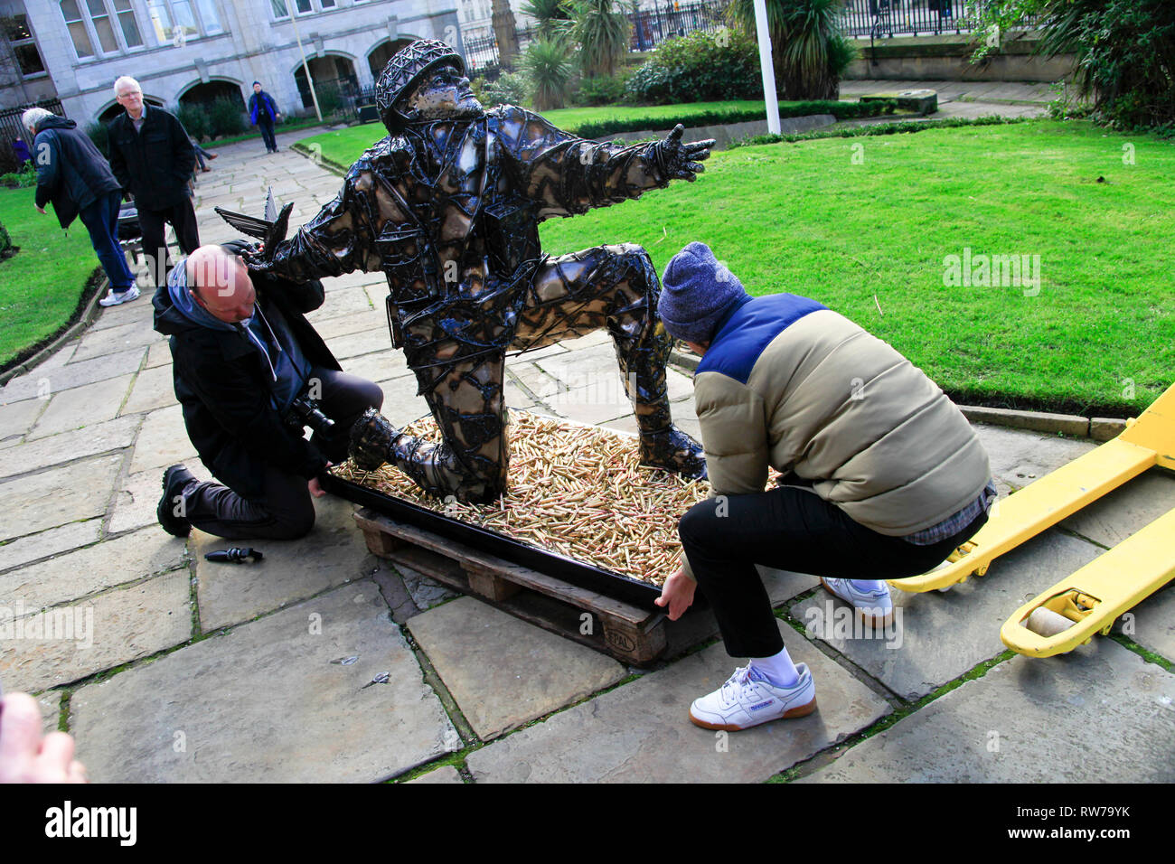 Liverpool, UK. 5 March 2019. A sculpture by artist Alfie Bradley incorporating more than 4,000 replica bullets has been unveiled in the grounds of Liverpool Parish Church ahead of the 75th anniversary of D-Day. 'Soldiers of Sacrifice' represents Denham Brotheridge, believed to be the first Allied soldier to be killed by enemy action on D-Day in June 1944. The sculpture is due to go on a tour of England and Normandy before reaching its permanent home in Portsmouth. The soldier is crouched down as if to throw a grenade, but instead he is releasing a dove of peace. Premos/Alamy Live News Stock Photo