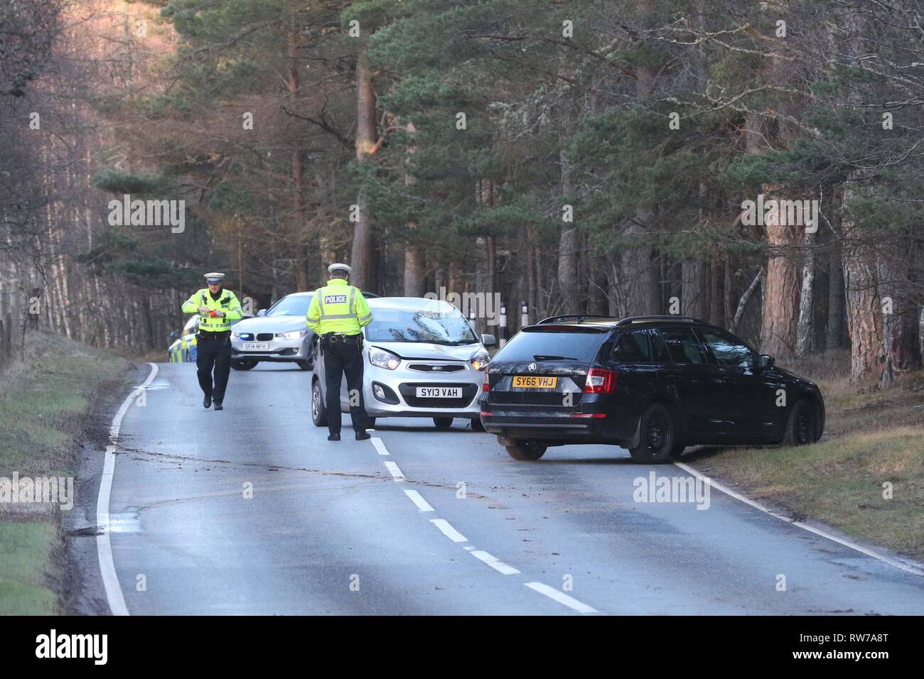 Aviemore, Scotland, UK. 5th Mar, 2019. Police has confirmed that the male cyclist involved in a road traffic collision on the B9152 near Aviemore died in hospital during the morning of Tuesday 5 March 2019. The 57-year-old man was taken to Raigmore Hospital in Inverness following the collision, which also involved a Kia Picanto, at around 3:25pm on Monday 4 March 2019. Picture Credit: Andrew Smith/Alamy Live News Stock Photo