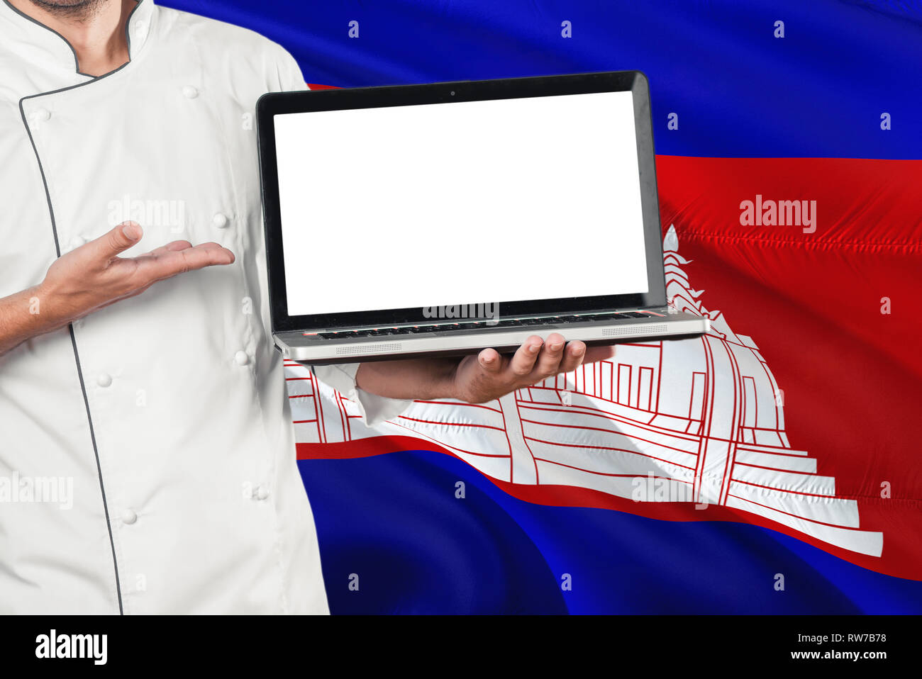 Cambodian Chef Holding Laptop With Blank Screen On Cambodia Flag