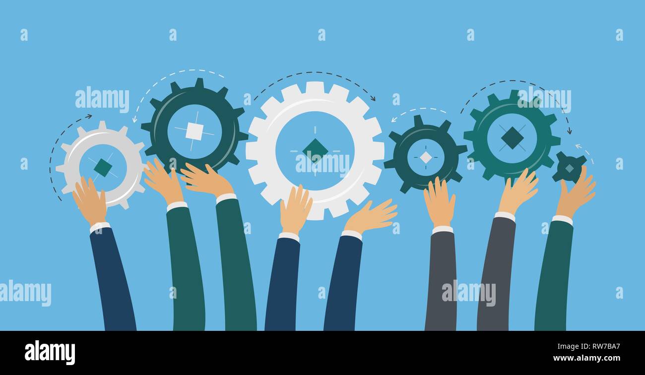 Teamwork, hands hold gears. Idea, brainstorm, business concept. Cooperation vector illustration Stock Vector