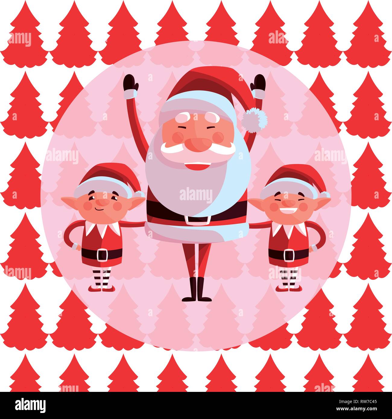 Santa claus and elfs over colorful background, vector illustration ...
