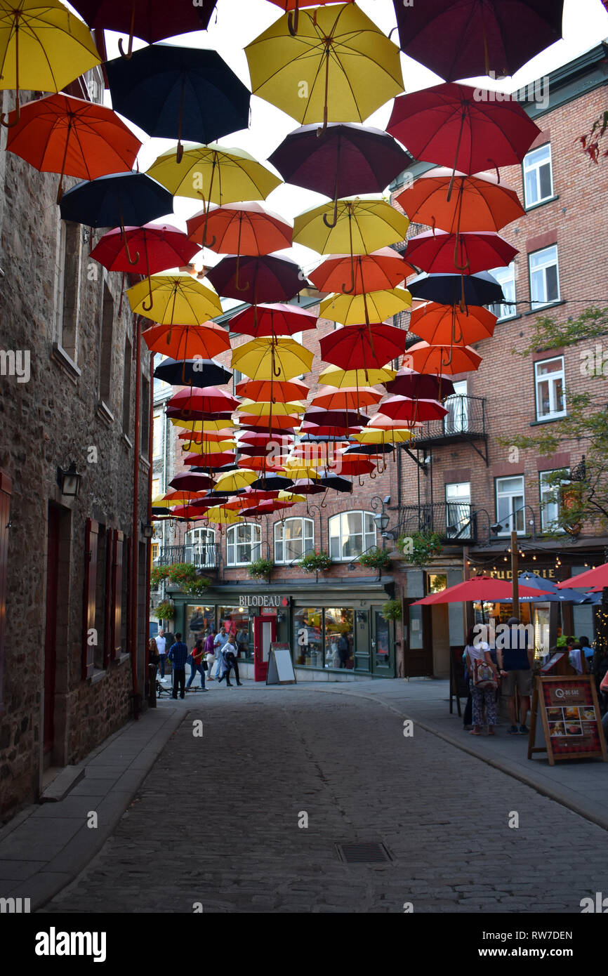 Umbrella Alley in the Old Quebec, Quebec City, Canada Stock Photo