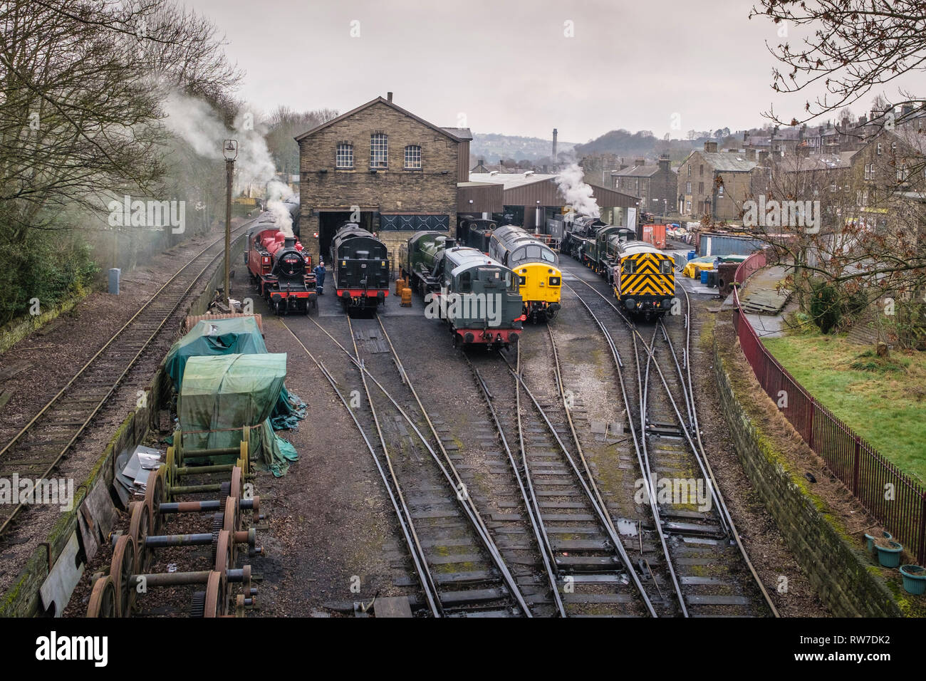 Steam and Diesel trains stabled at Haworth Train Station on the Keighley Worth Valley Railway