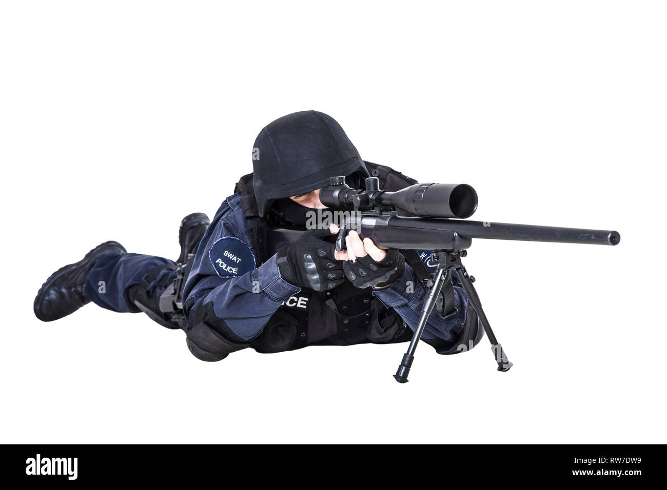 Special weapons and tactics (SWAT) team officer with sniper rifle. Stock Photo