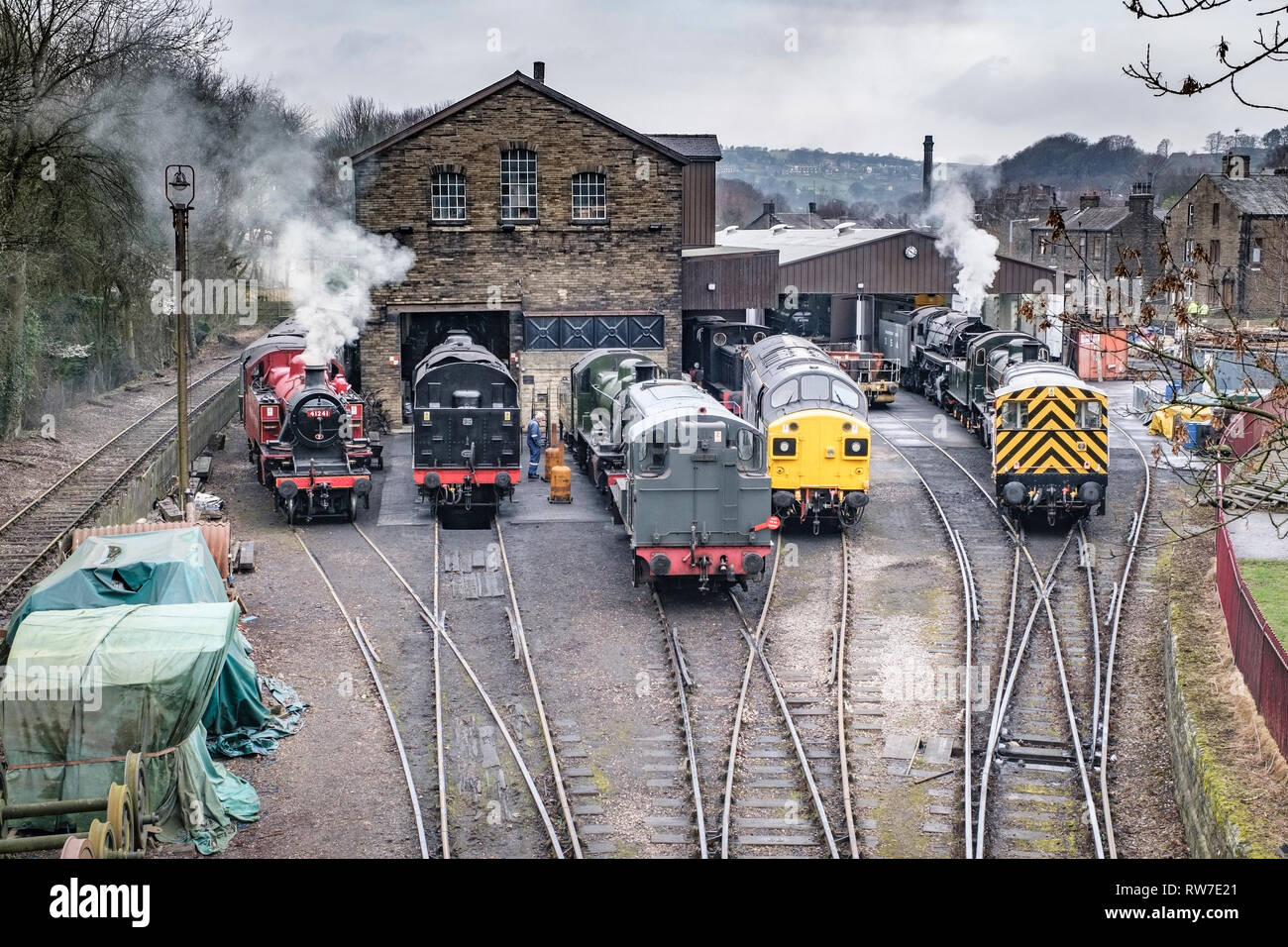 Steam and Diesel trains stabled at Haworth Train Station on the ...