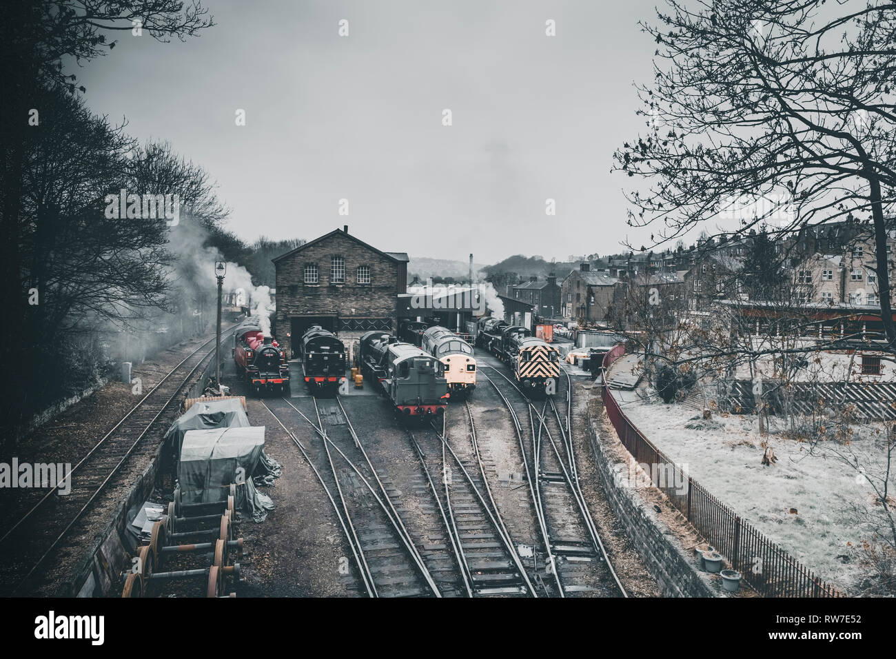 Steam and Diesel trains stabled at Haworth Train Station on the ...