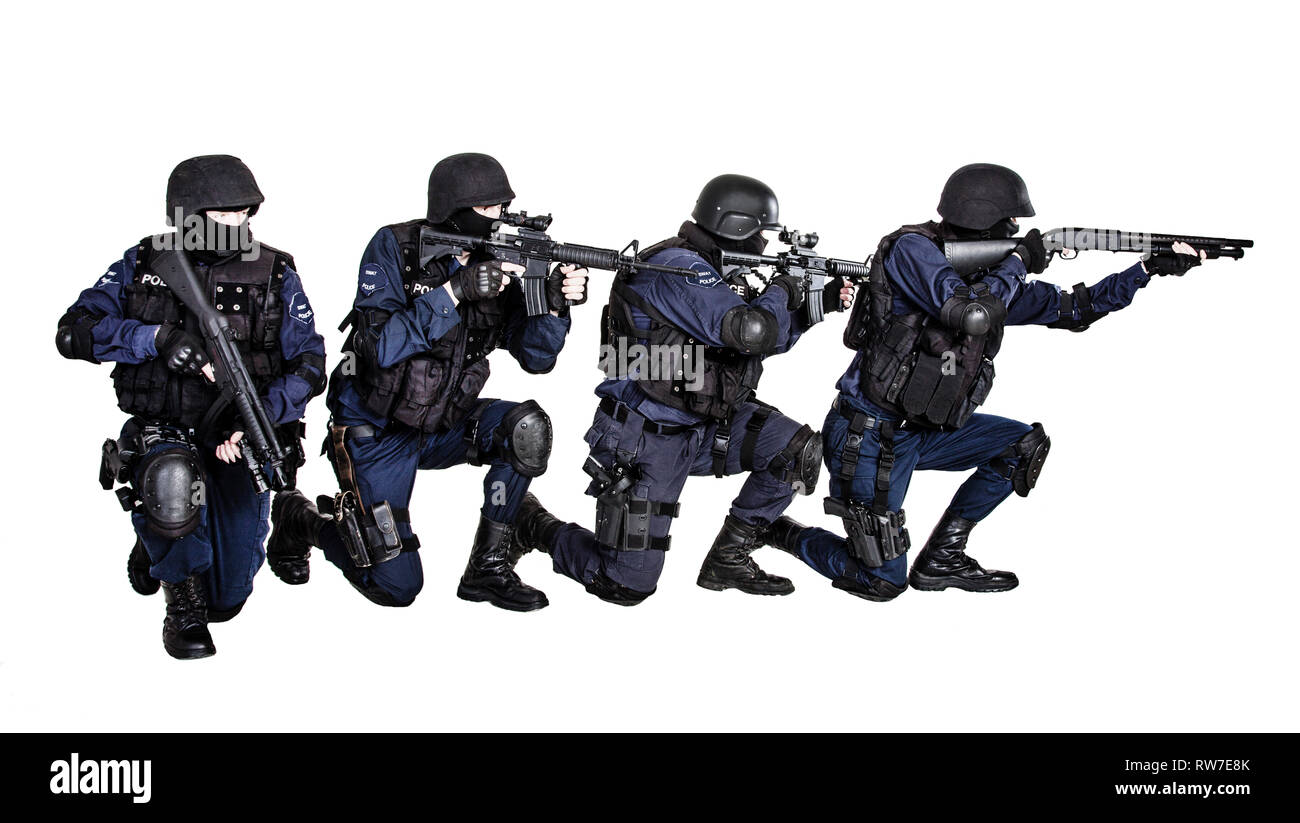 Special weapons and tactics (SWAT) team in action Stock