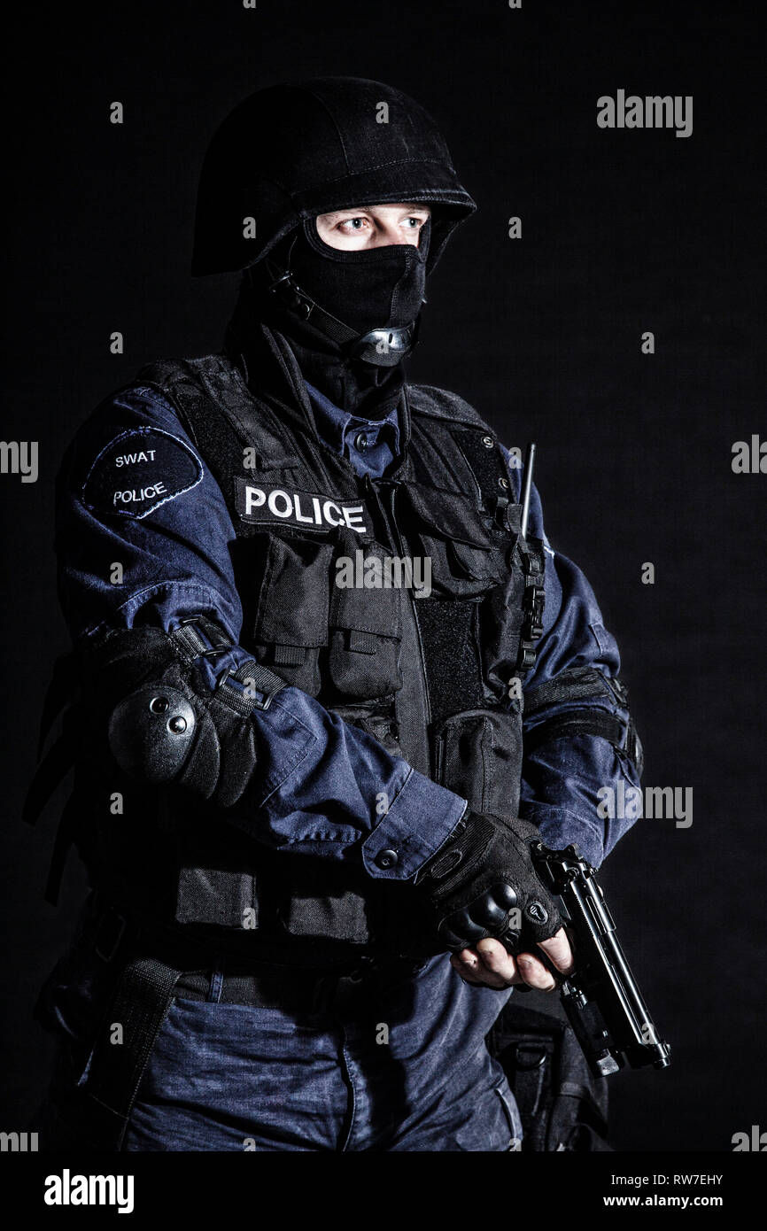 Special Weapons And Tactics Swat Team Officer On Black Background Stock Photo Alamy