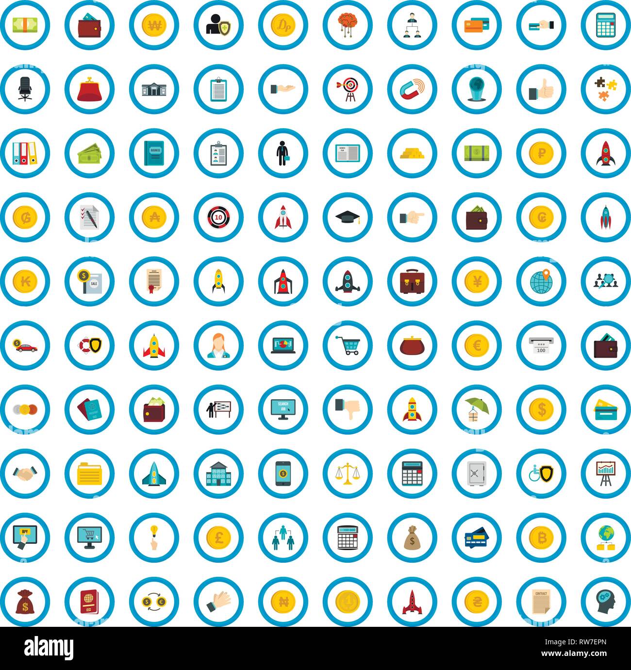100 company startup icons set, flat style Stock Vector