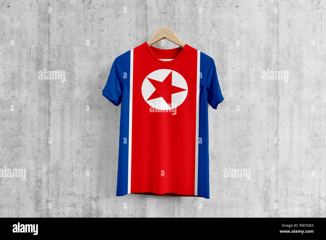 North Korea flag T-shirt on hanger, North Korean team uniform design idea  for garment production. National wear Stock Photo - Alamy