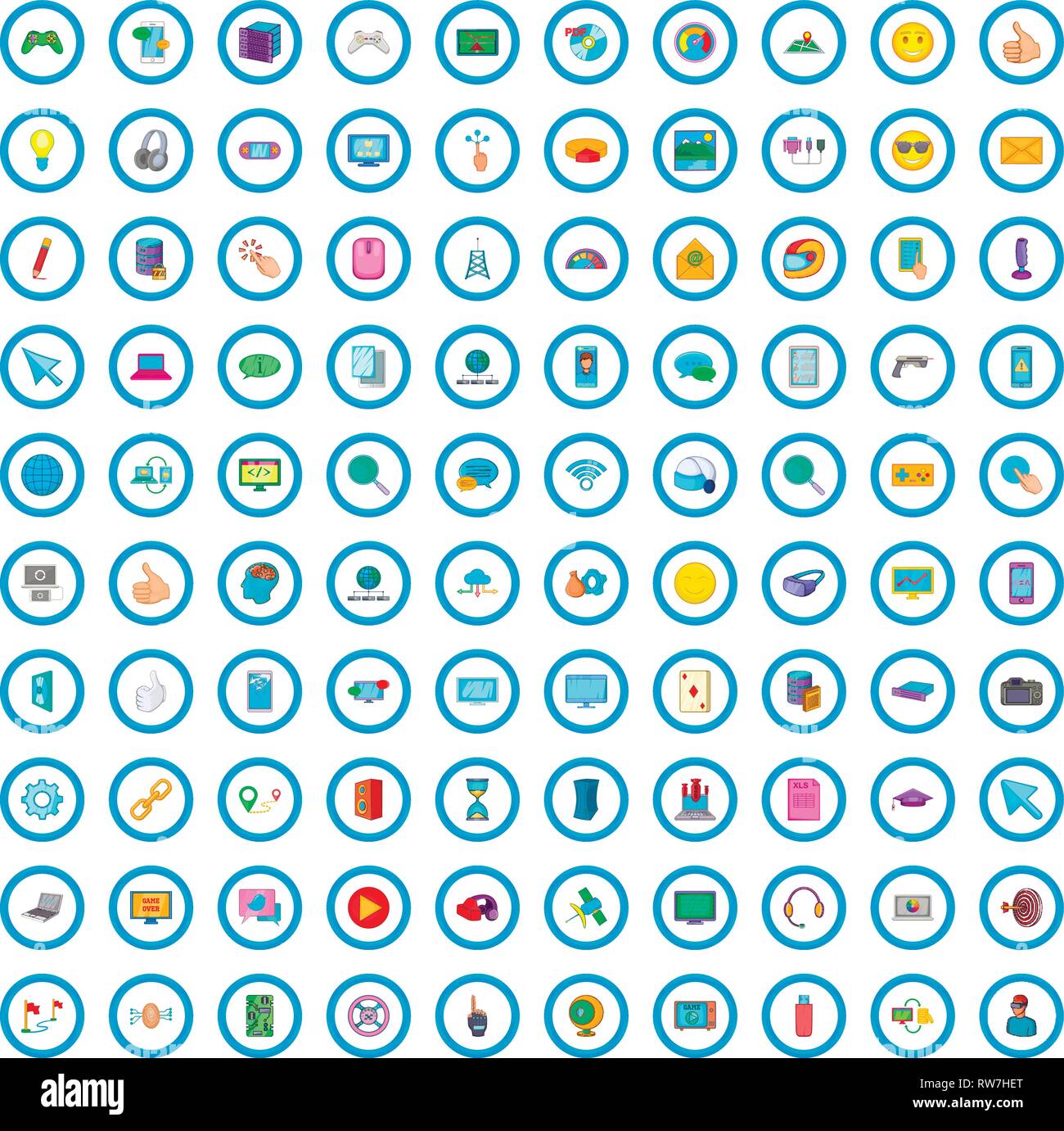 100 computer game icons set, cartoon style Stock Vector