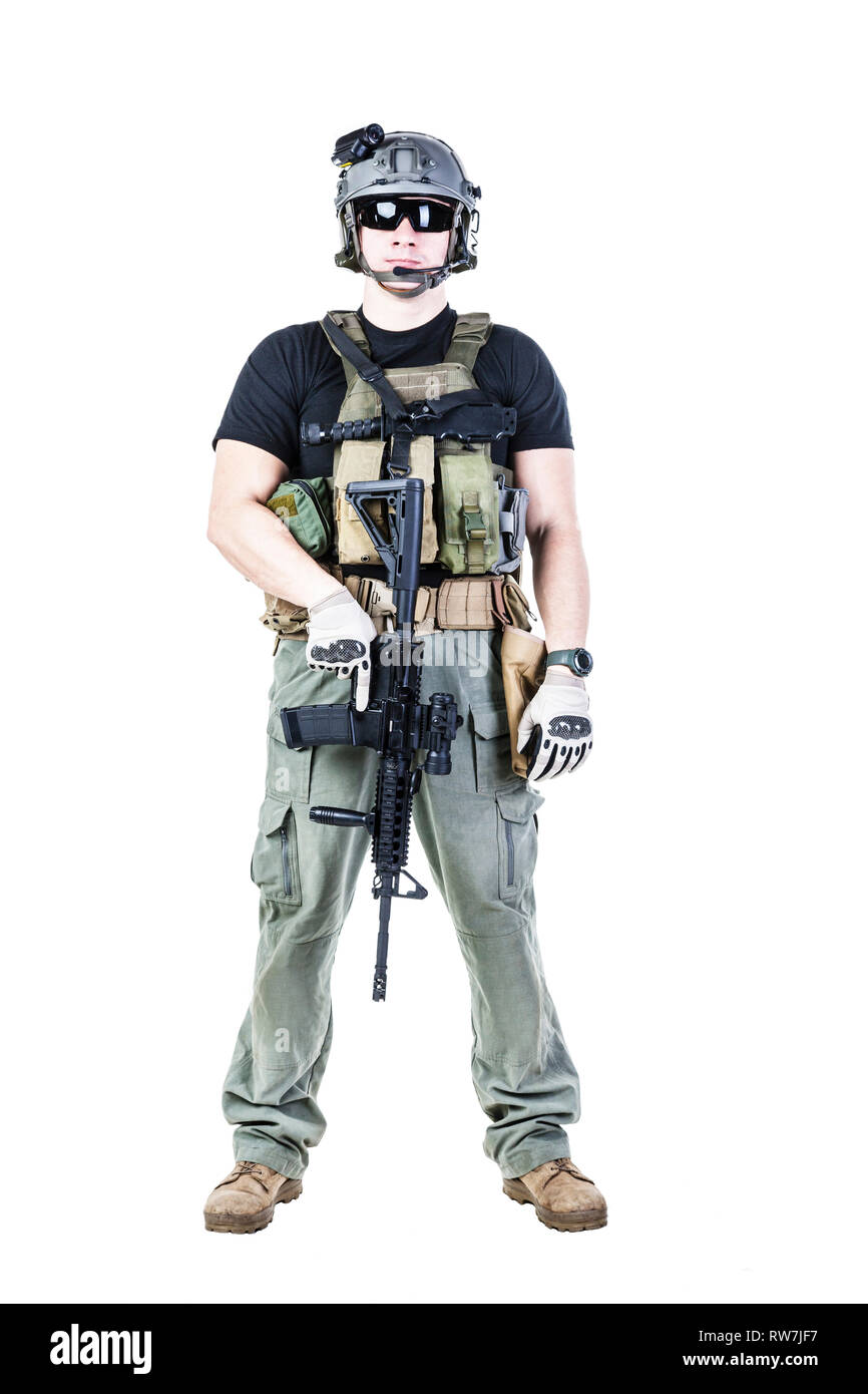 Studio shot of private military contractor PMC with assault rifle. Stock Photo