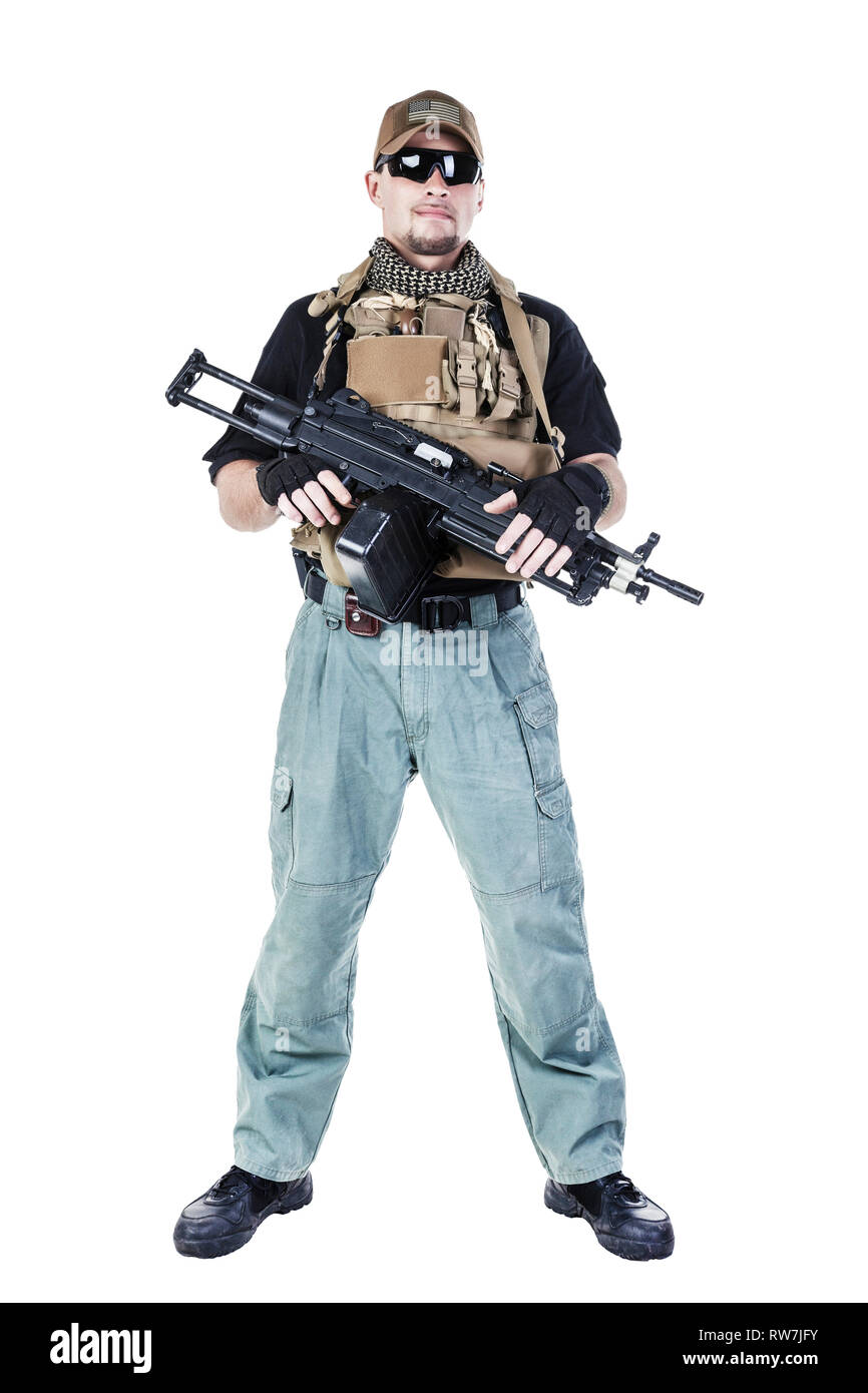 Studio shot of private military contractor PMC with assault rifle. Stock Photo