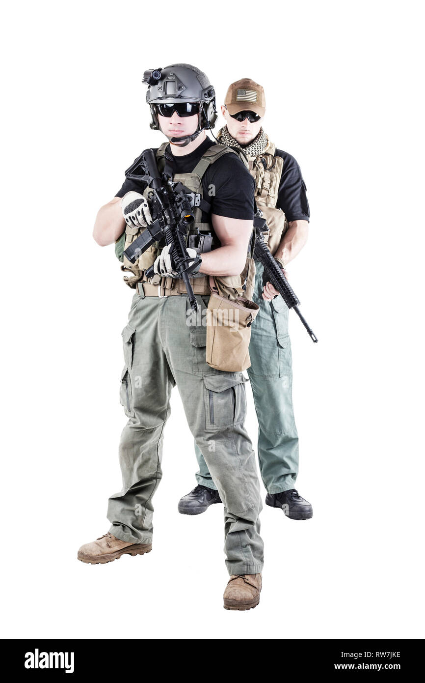 Private military contractors PMC in action on white background. Stock Photo