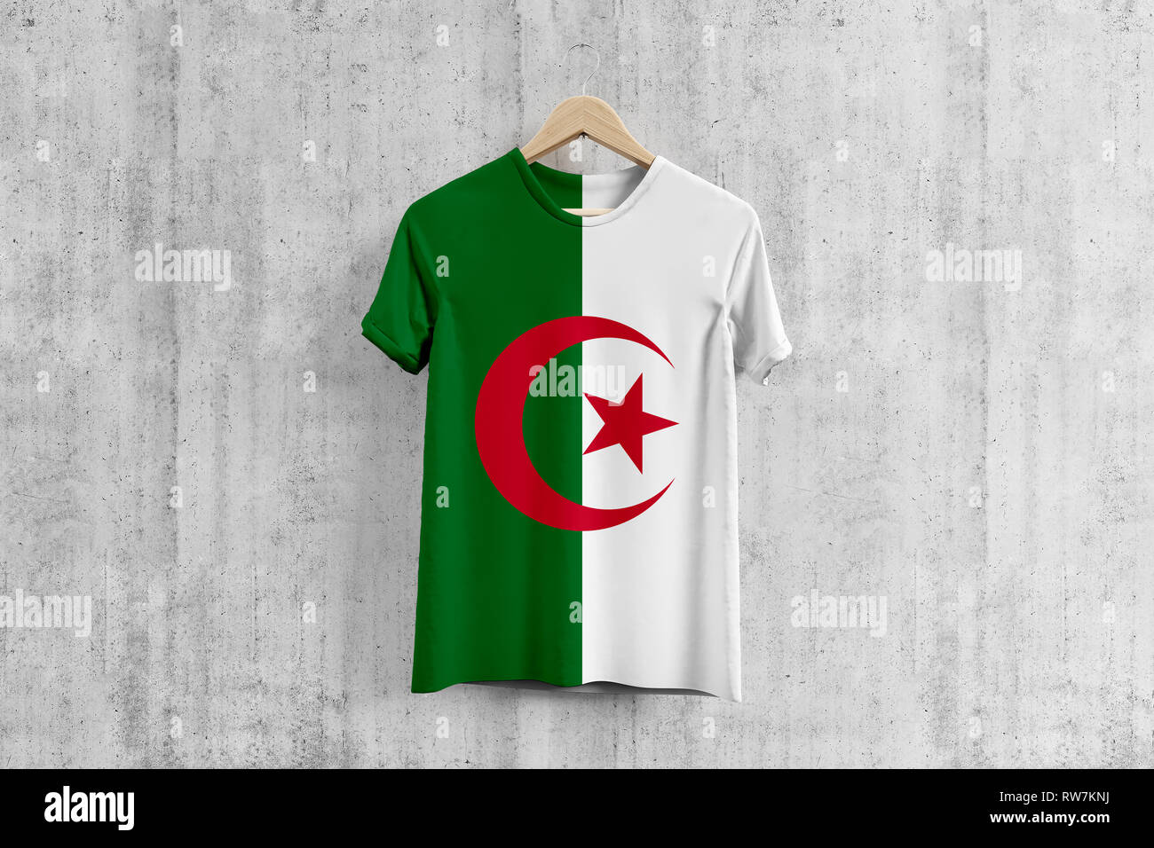 Algeria flag T-shirt on hanger, Algerian team uniform design idea for garment production. National wear. 3D Rendering. Stock Photo