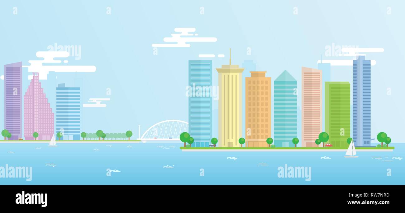 Landscape of urban, city, seaport with large modern buildings. Vector illustration flat design made on a long strip suitable for web, printing. Stock Vector