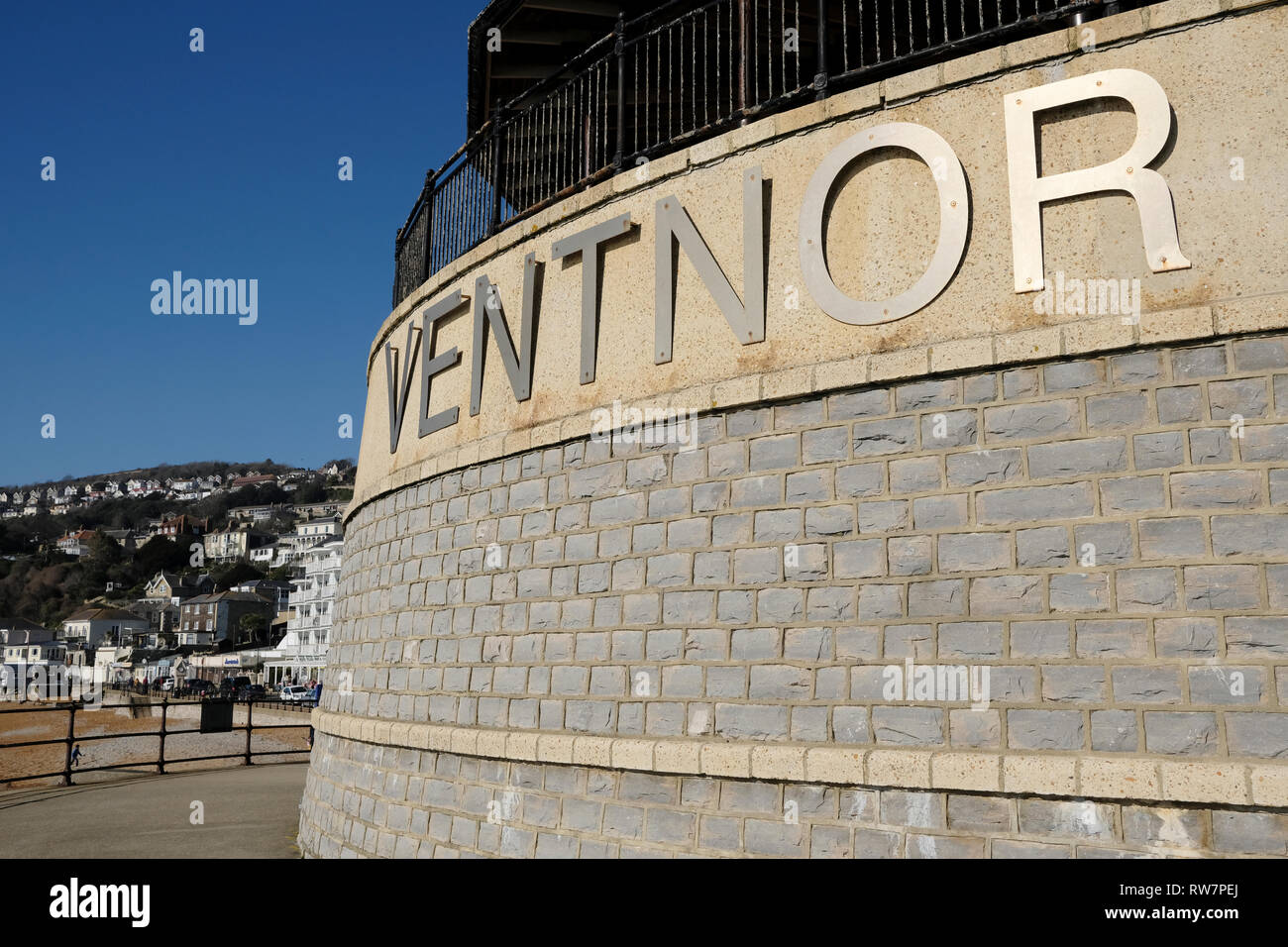 Ventnor Bandstand showing Ventnor sign in big letters, Ventnor seafront