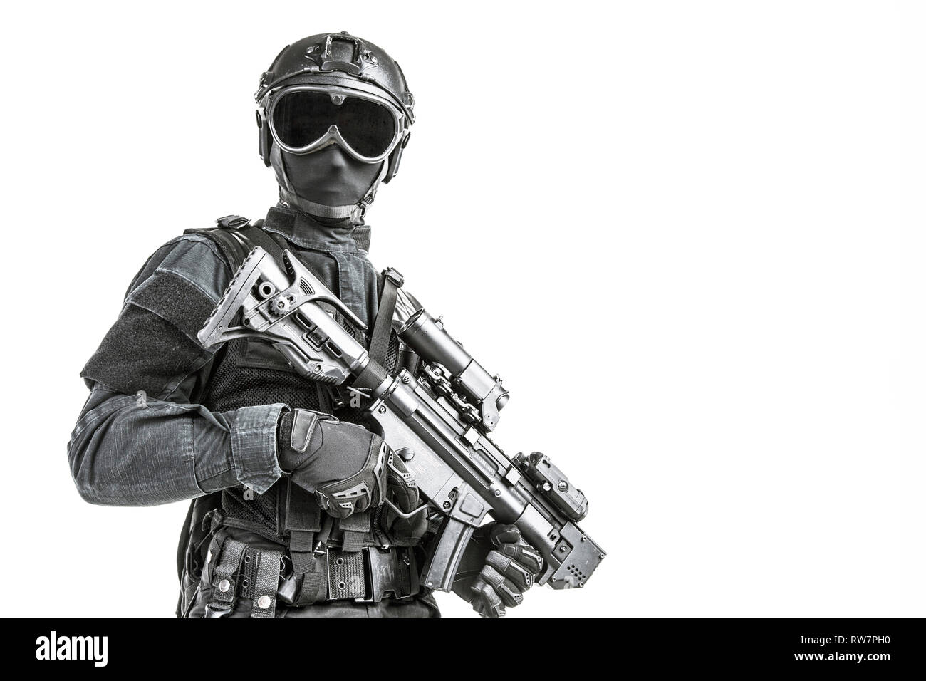 Spec ops police officer SWAT in black uniform and face mask Stock Photo ...