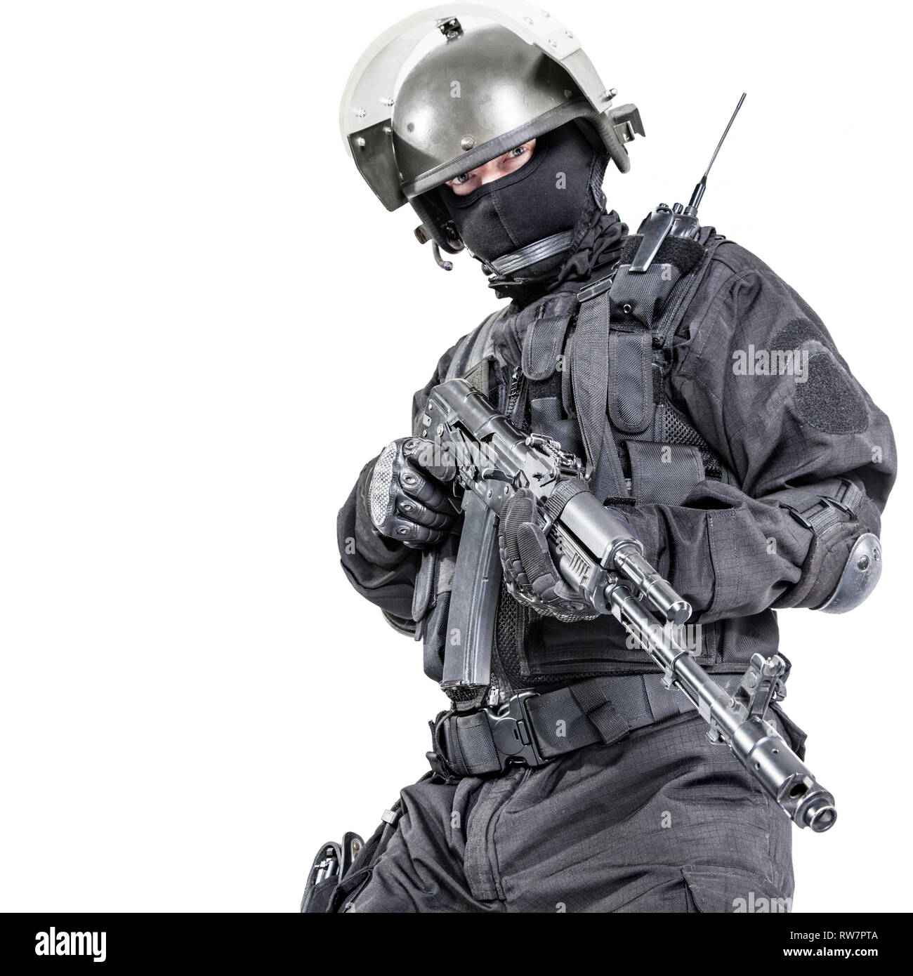 Russian special forces operator in black uniform and bulletproof helmet  Stock Photo - Alamy