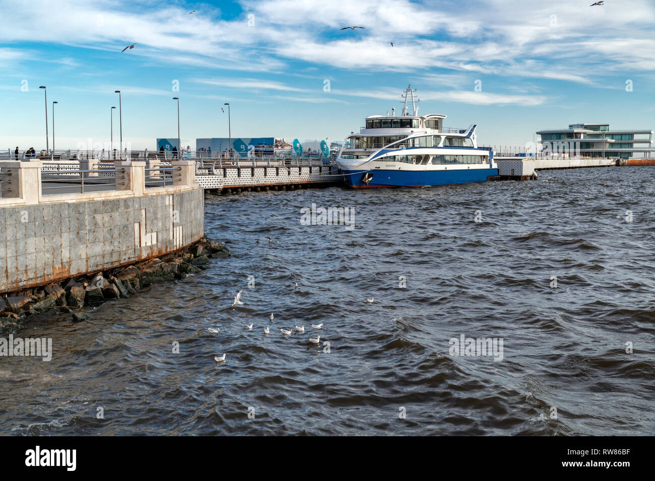 Azerbaijan, Baku, March 01 2019. Pleasure boat on the pier Stock Photo