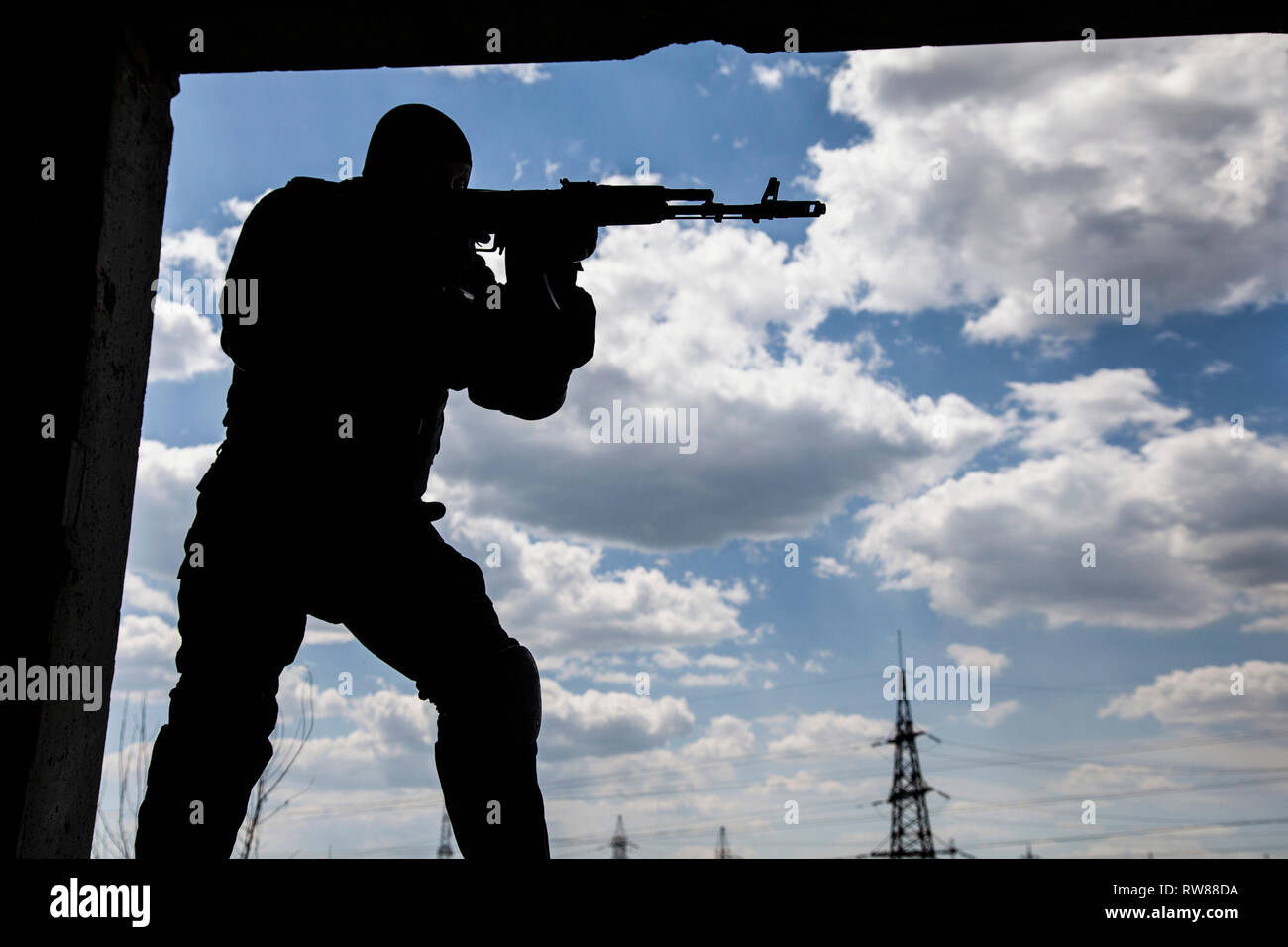 Silhouette of special forces operator. Stock Photo