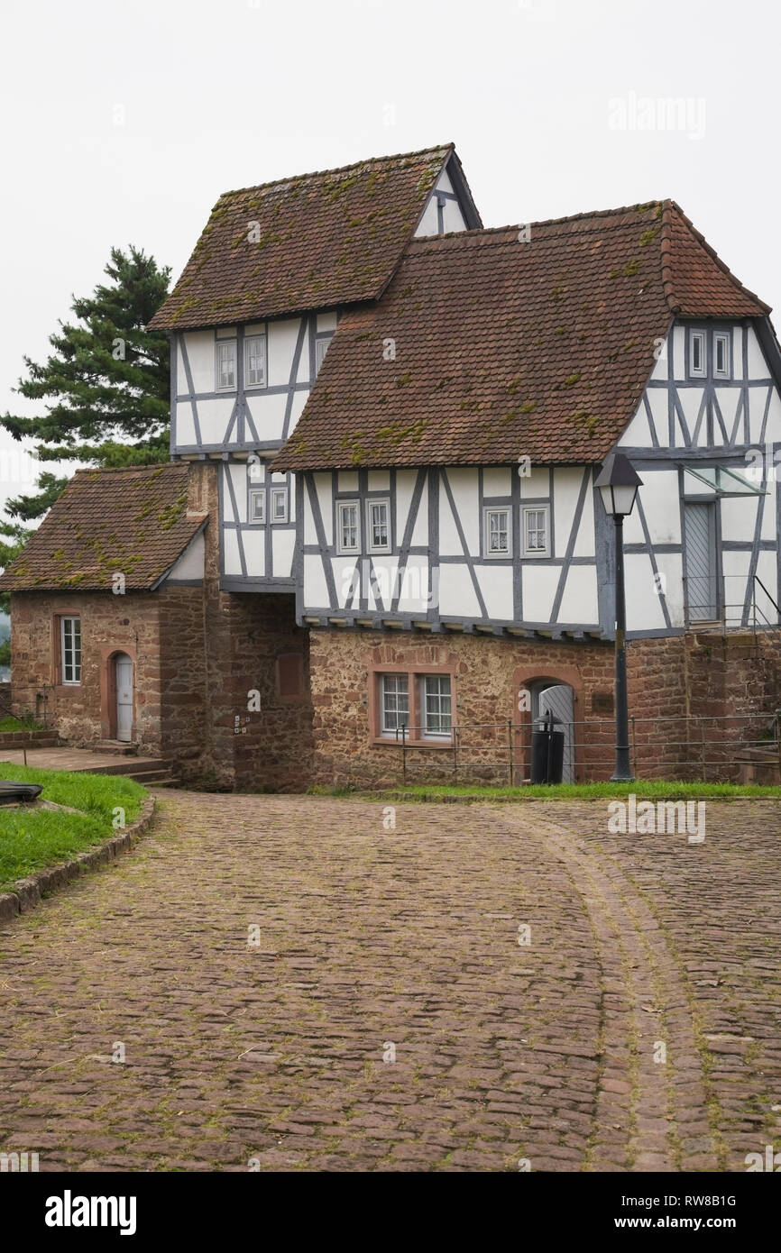 Half-timbered gatehouse at Hirschhorn castle, Hessen, Germany Stock Photo