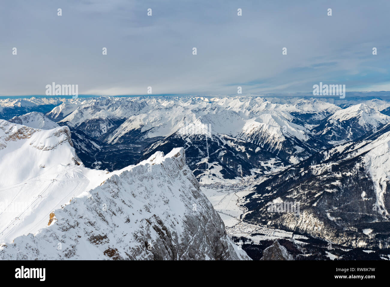 View from summit of Zugspitze mountain to Ehrwald, Tyrol Stock Photo