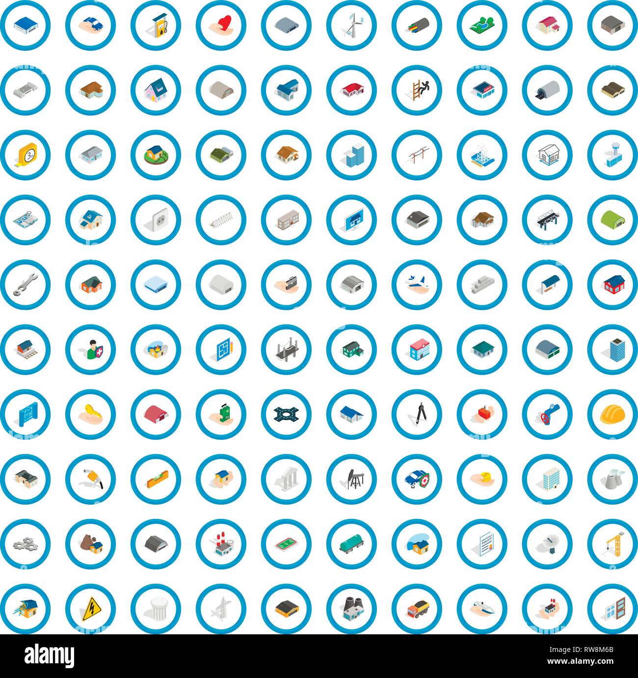 100 construction icons set, isometric 3d style Stock Vector