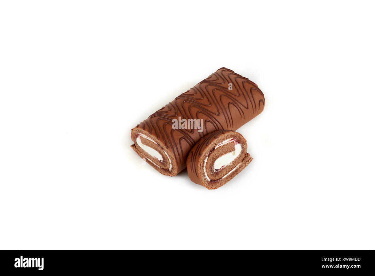 Chocolate biscuit roll cake isolated on white background Stock Photo