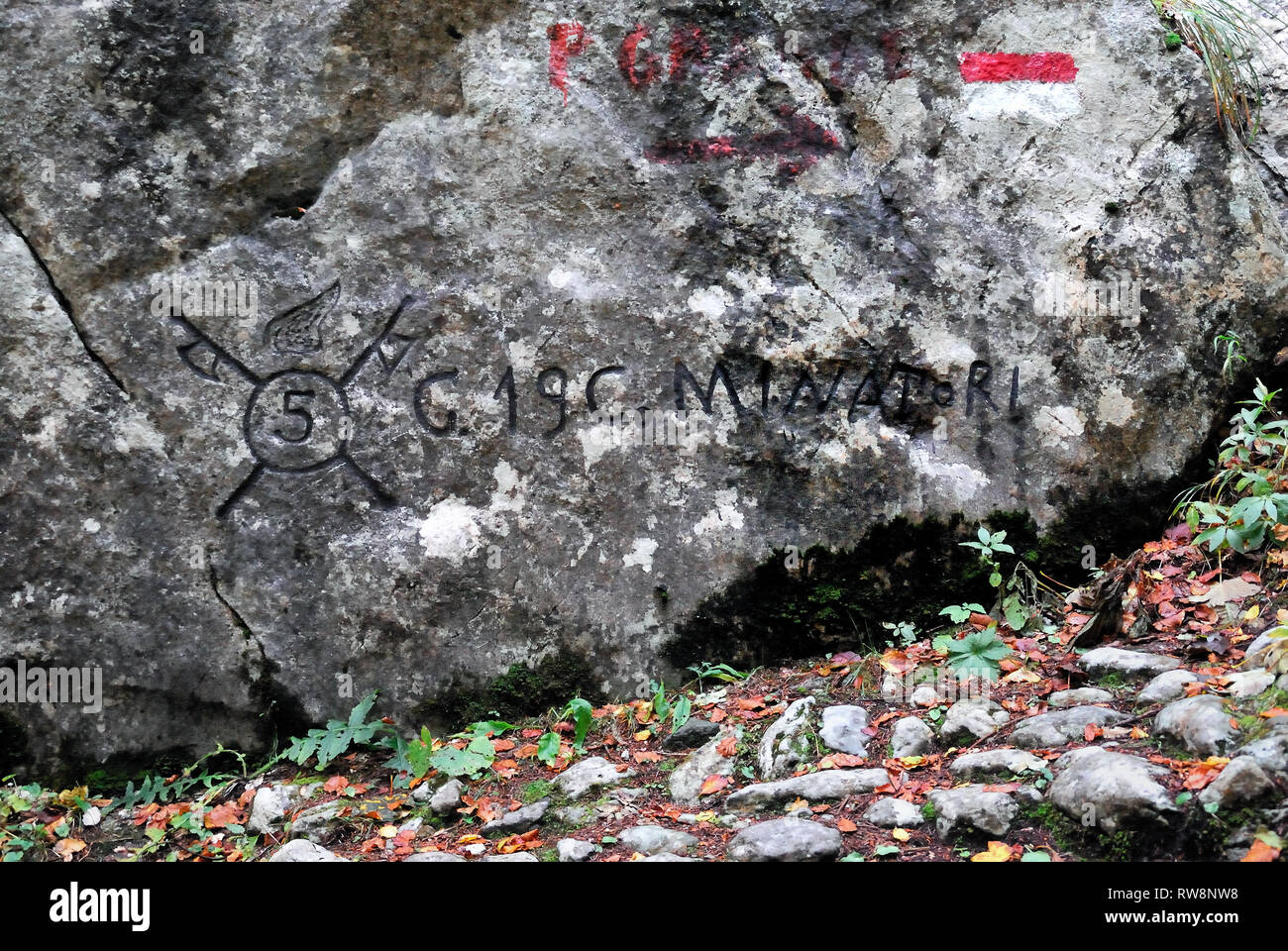 Pal Grande (Austrian : Grosser Pal) is a mountain in the Carnic Alps. It was scene of violent clashes during the First World War  between the Italian and Austrian armies. The graffiti on the rock says ' 19^ Compagnia 5° Genio Minatori',Italian Army. Stock Photo