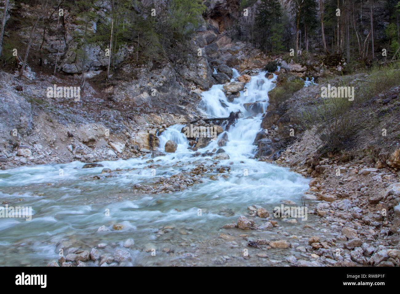 wide Waterfall in Soteska Bohinj Stock Photo
