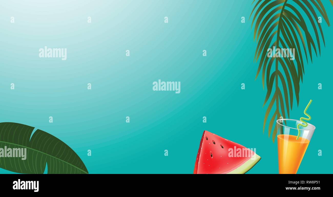 green palm leaf branches and other beach elements on bright blue background. Stock Vector