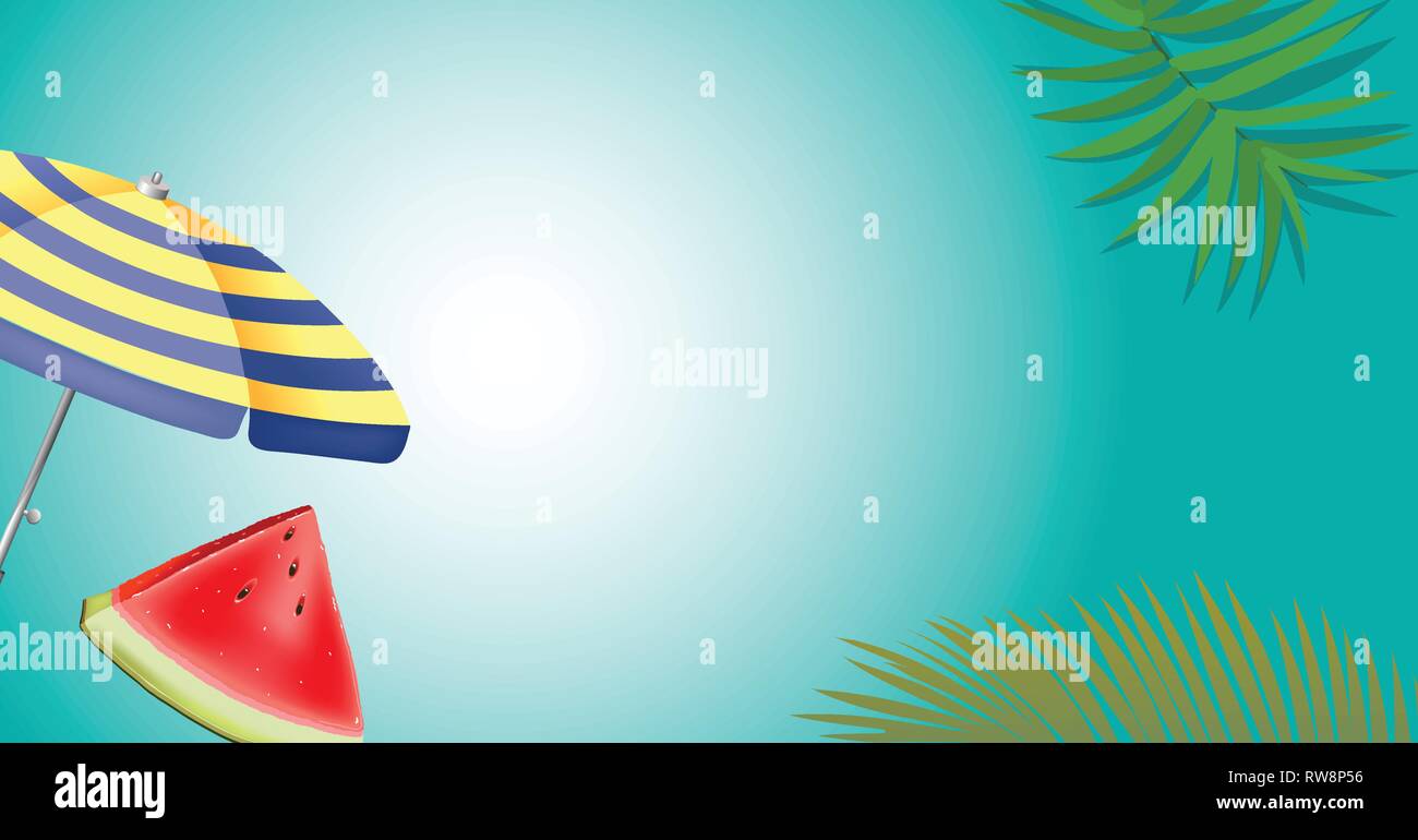 green palm leaf branches and other beach elements on bright blue background. Stock Vector