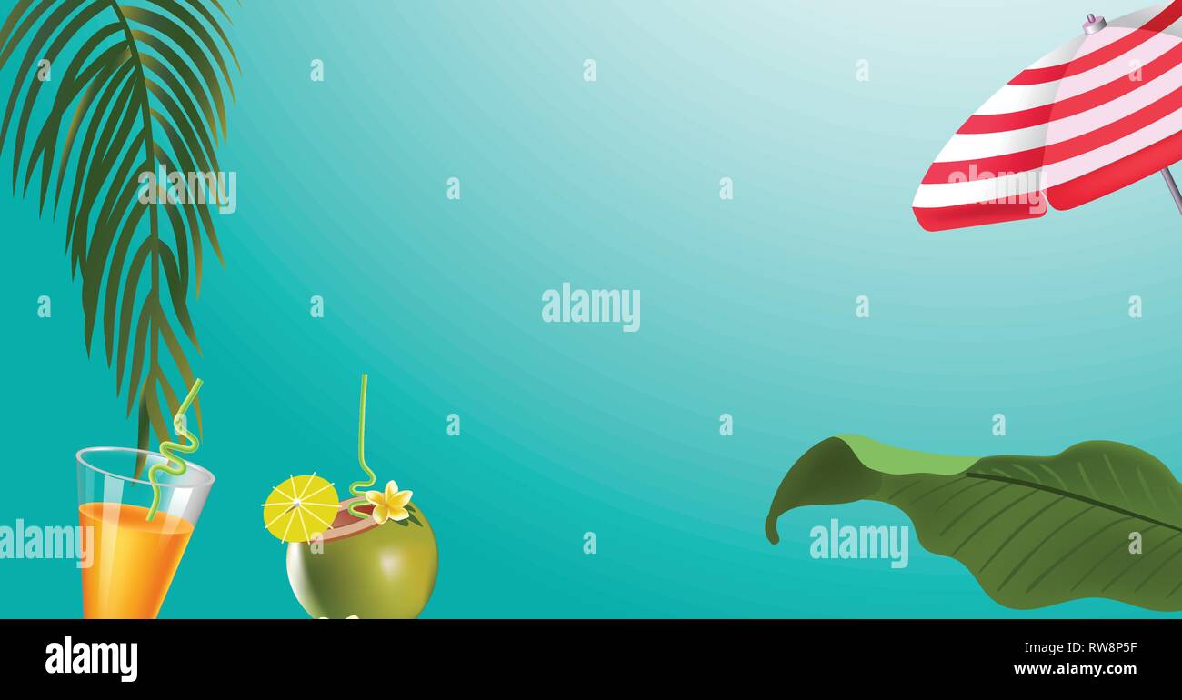 green palm leaf branches and other beach elements on bright blue background. Stock Vector