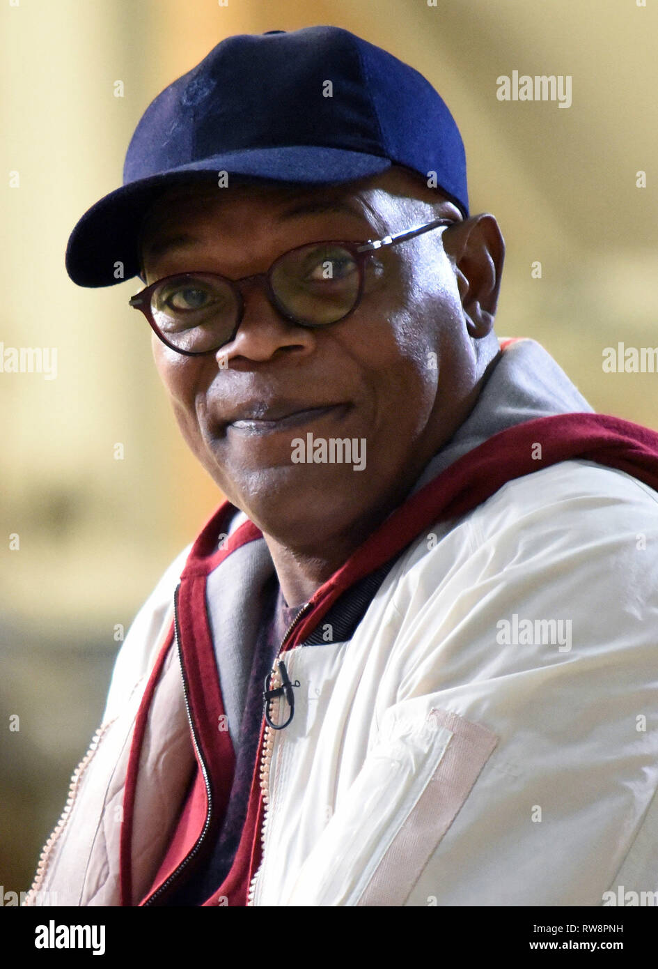 Actor Samuel L. Jackson smiles during an interview about his portrayal of Nick Fury in 'Captain Marvel' at Edwards Air Force Base, California, Feb. 20, 2019. The movie shot some of its scenes at the base. (DOD photo by Shannon Collins) Stock Photo