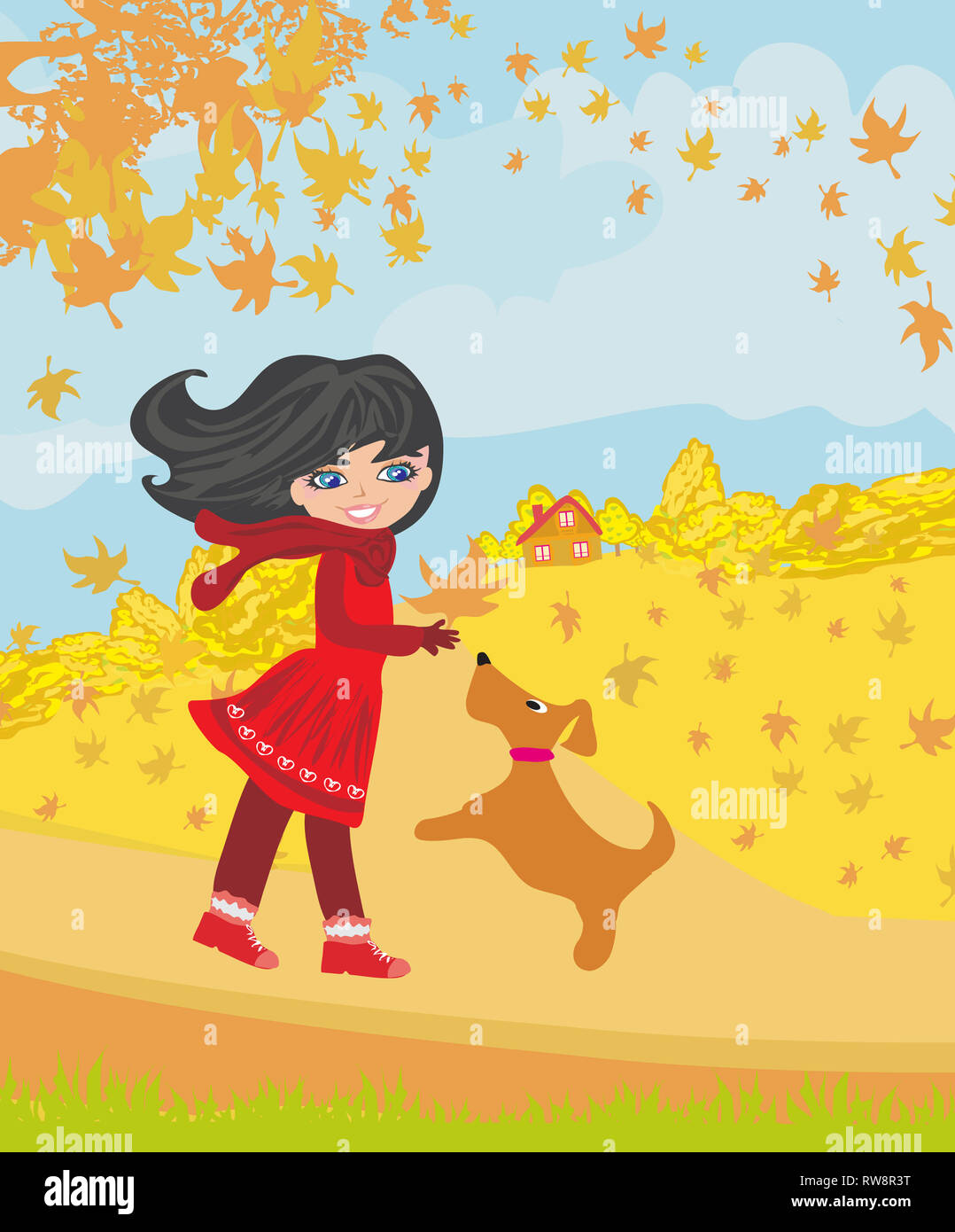 girl playing with her dog in autumn Stock Photo - Alamy