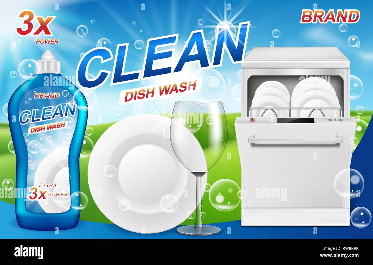 Dish wash soap ads. Realistic plastic dishwashing packaging with detergent gel design. Liquid soap with clean dishes for dishwasher machine. 3d vector Stock Vector