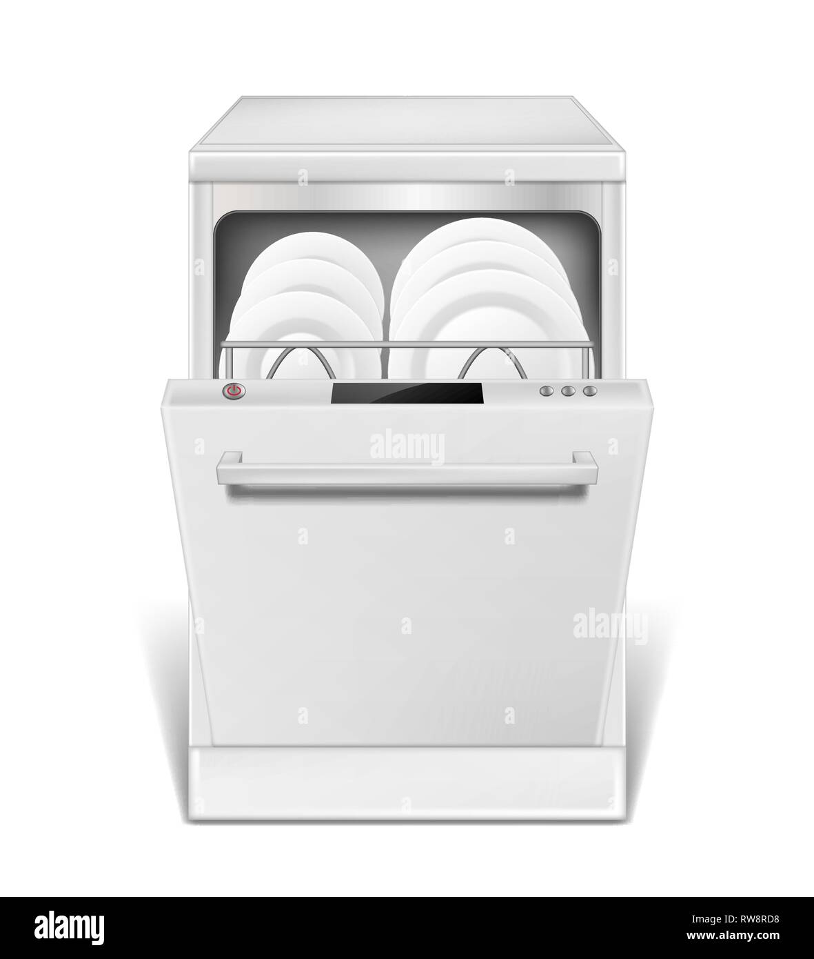 Realistic dishwasher machine with open door. White dishwasher with clean plates and glasses, front view isolated. household appliance mockup for Stock Vector