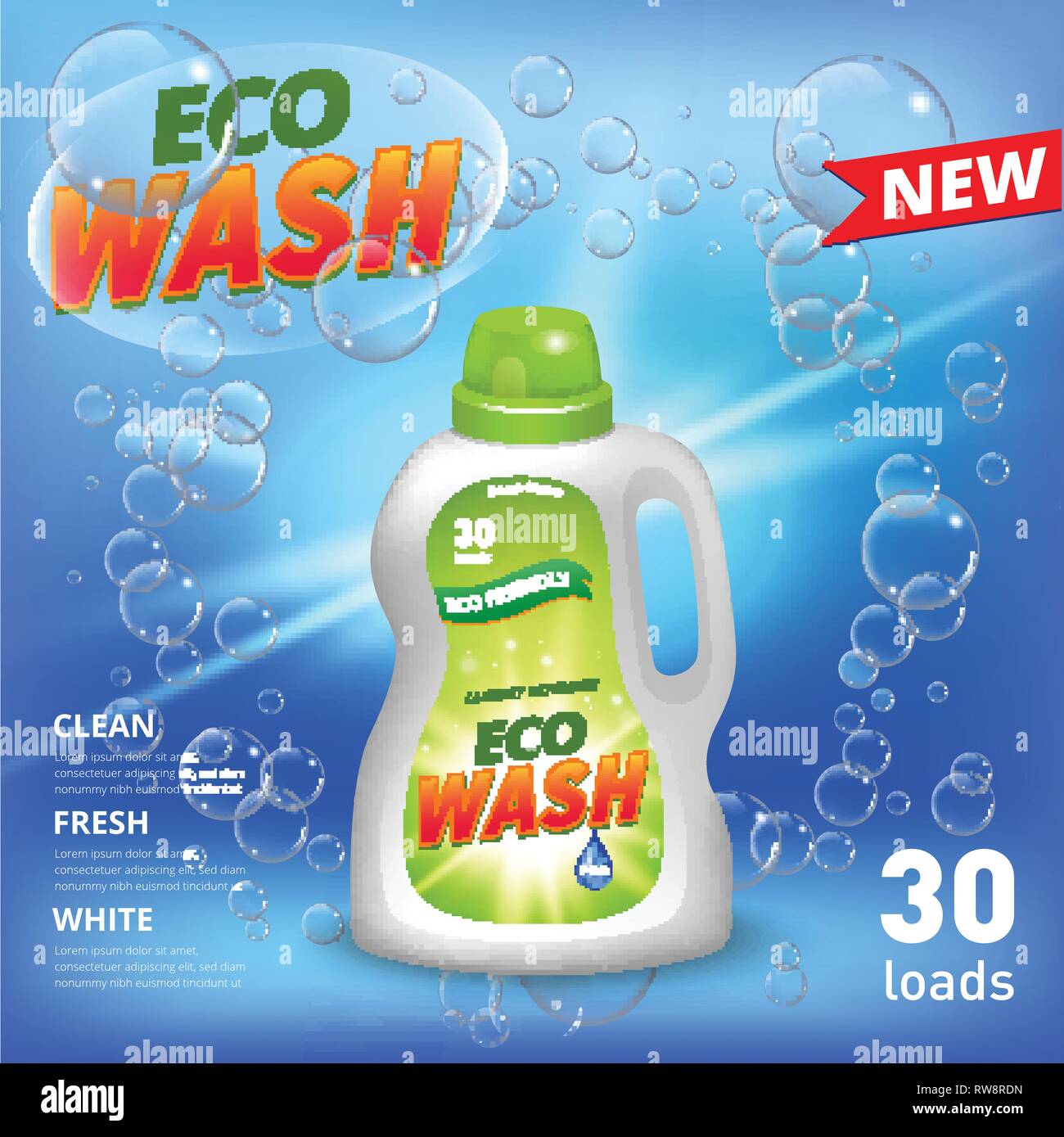 Laundry detergent ad poster. Stain remover package design for