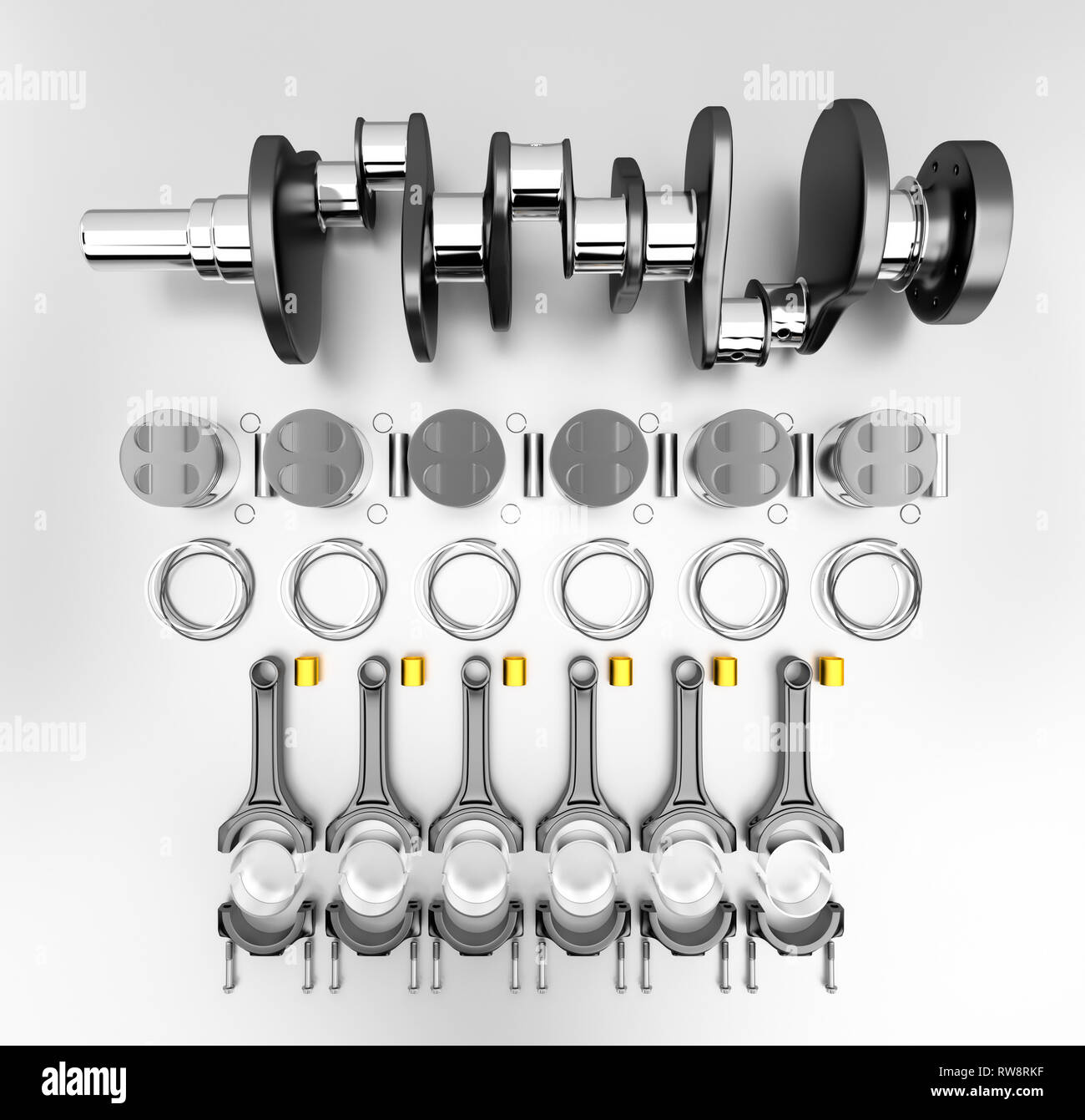 3D rendering. Crankshaft for 6v cylinders engine. Truck crankshaft on grey background. Engine
