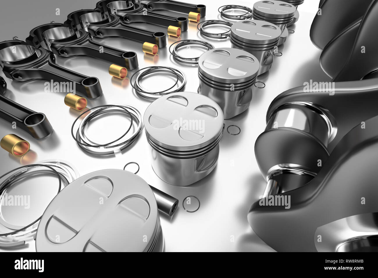 3D rendering. Crankshaft for 6v cylinders engine. Truck crankshaft on