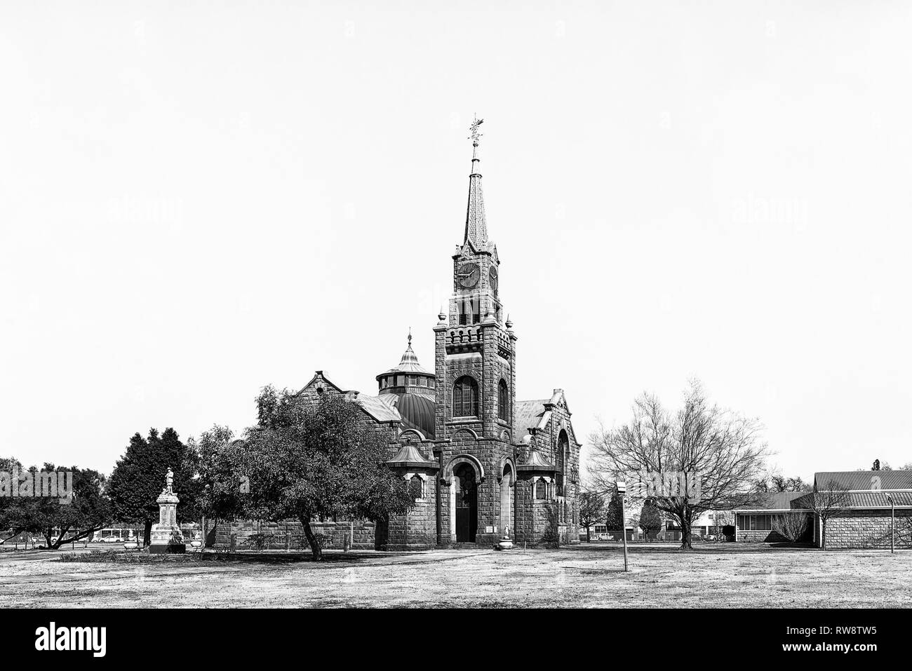KROONSTAD. SOUTH AFRICA, JULY 30, 2018: The Dutch Reformed Mother Church in Kroonstad, a town in the Free State Province of South Africa. Monochrome Stock Photo