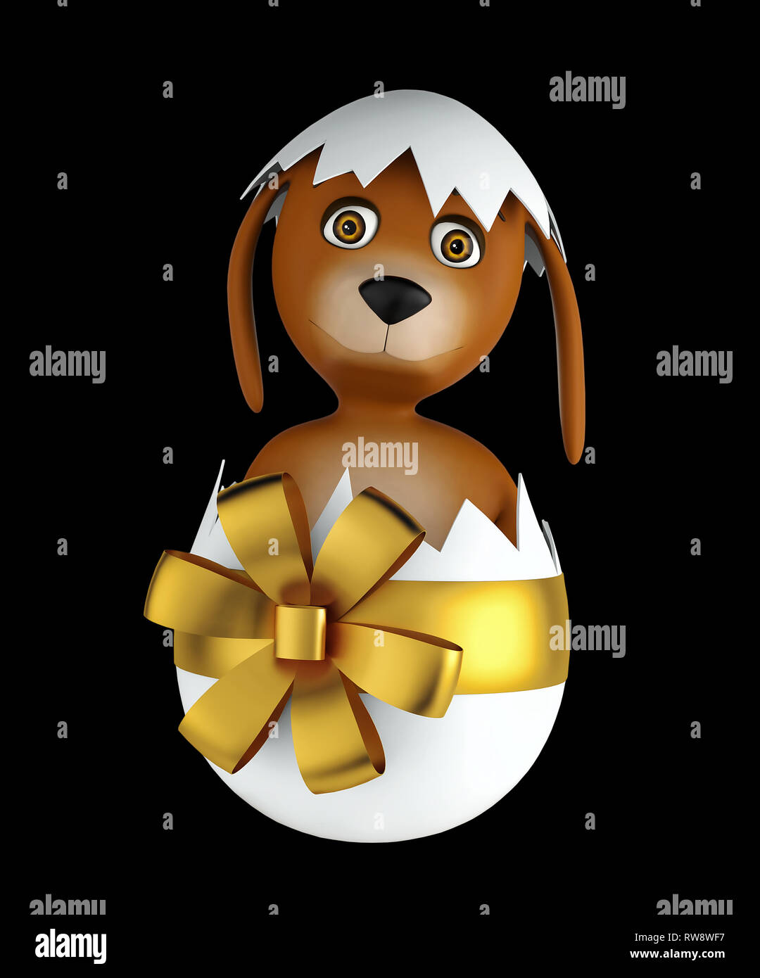 Cute cartoon dog with easter eggs isolated on black background. 3d rendering Stock Photo