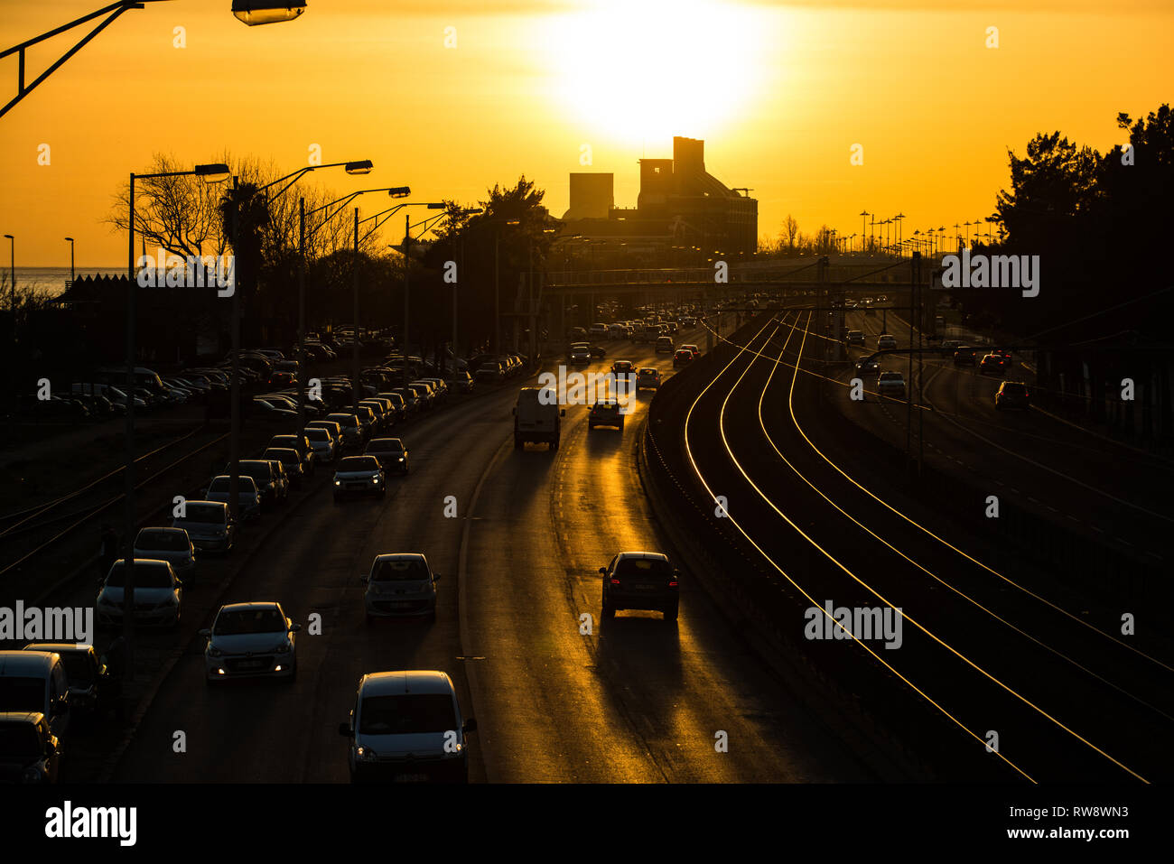 Traffic at sunset, Lisboa, February 2019 Stock Photo