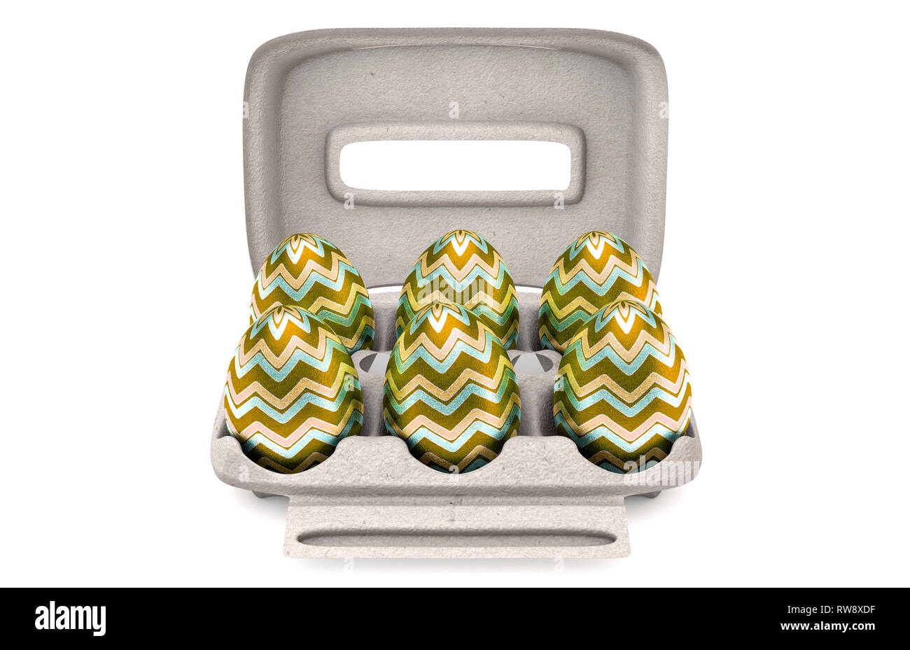 A collection of six easter eggs in a regular cardboard egg carton on an isolated background