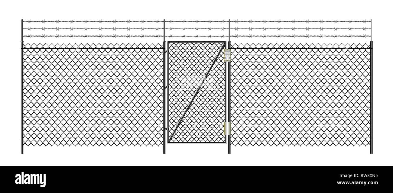 Realistic metal chain link fence. Barbed wire. Electronic lock. Rabitz