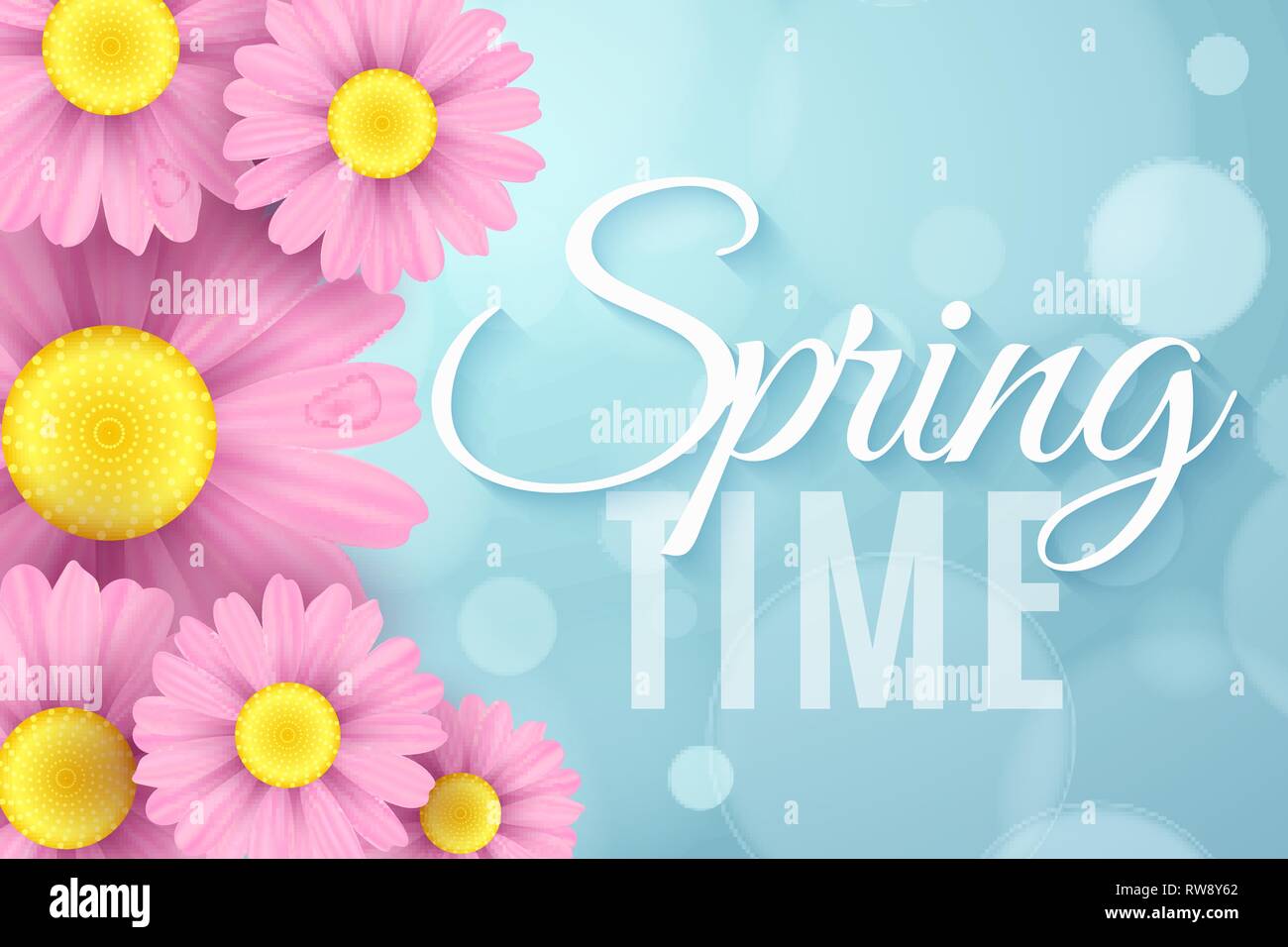 Realistic pink daisy flowers. Spring seasonal banner for your advertising. Ecological composition. Abstract blue bokeh lights. Spring time. Vector ill Stock Vector
