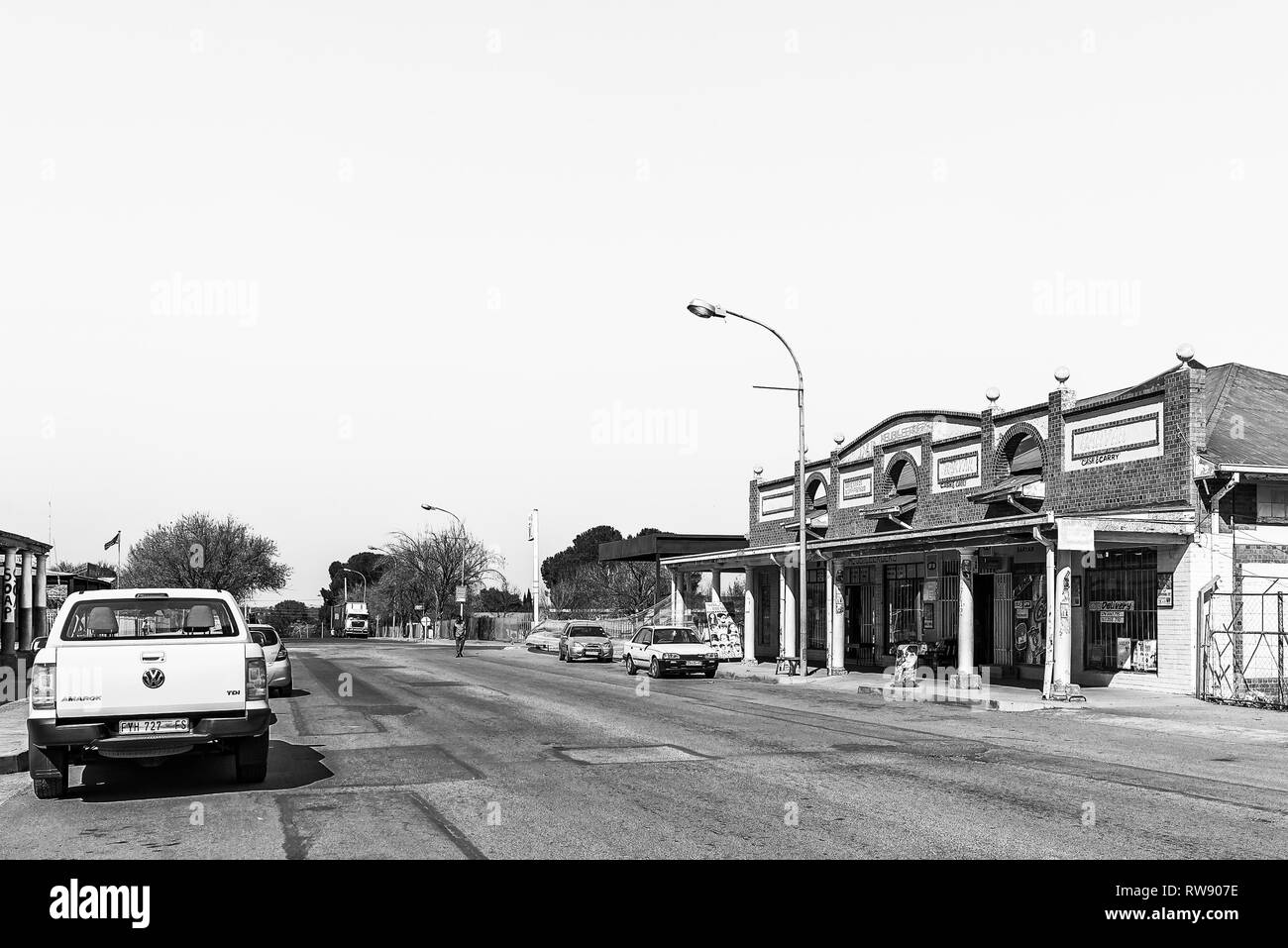KOPPIES, SOUTH AFRICA, JULY 30, 2018: A street scene, with businesses and vehicles, in Koppies, a town in the Free State Province of South Africa. Mon Stock Photo