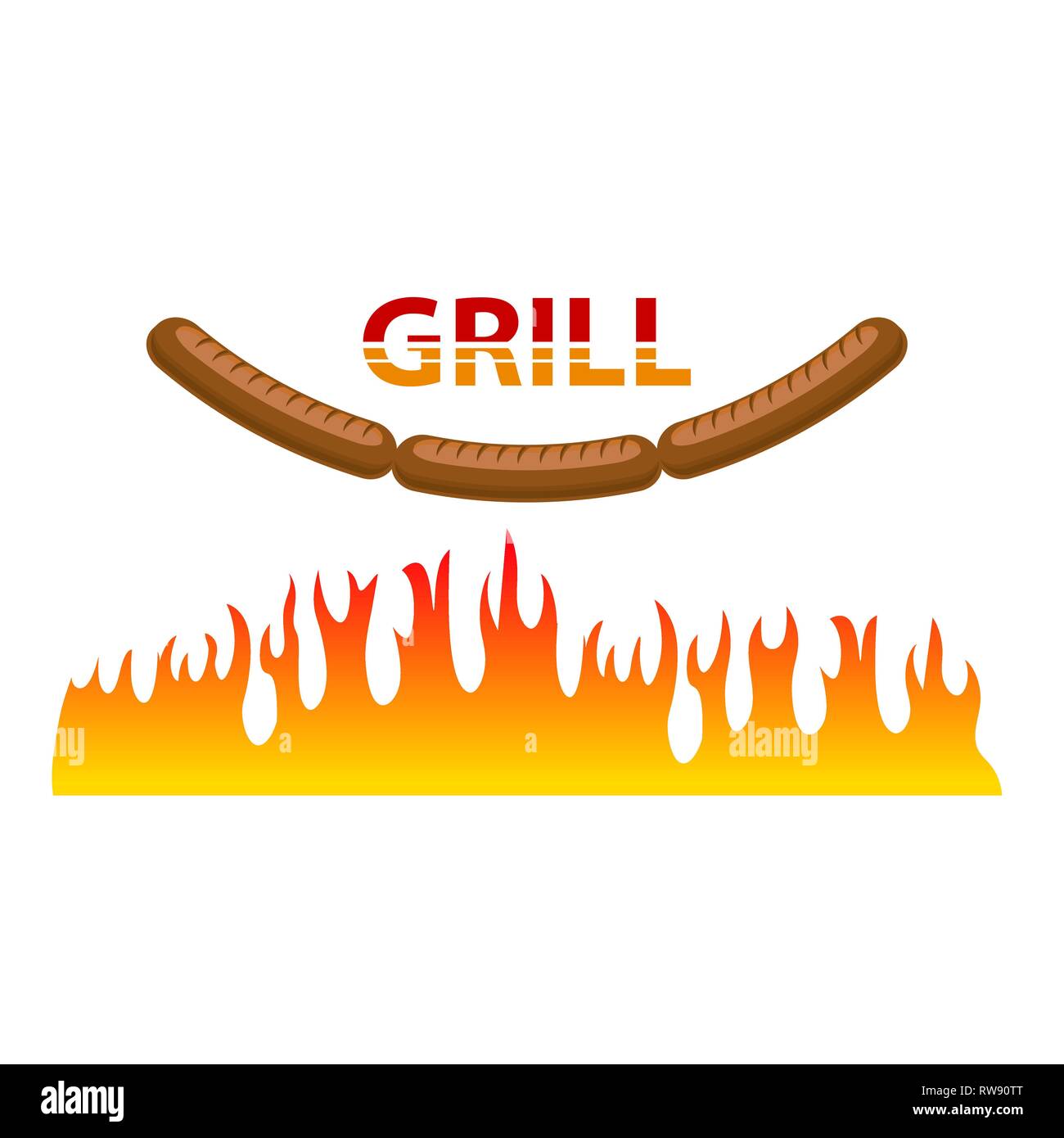 Burning Grill Sausages with Fire on White Background Stock Vector